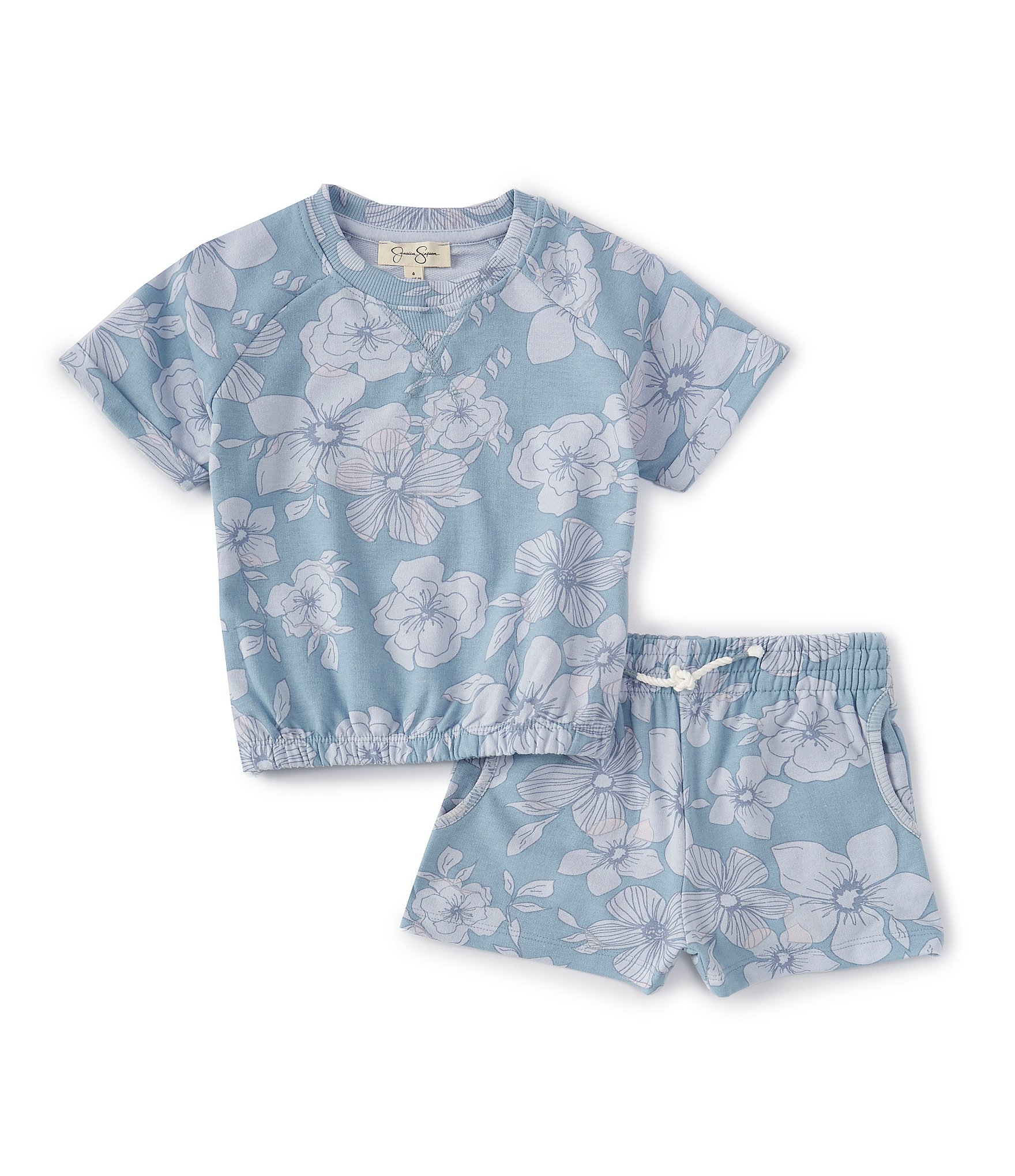 Jessica Simpson LittleBig Girls 4-8 Short Sleeve Checked Floral Print French Terry Tee Shorts Matching Set - 4