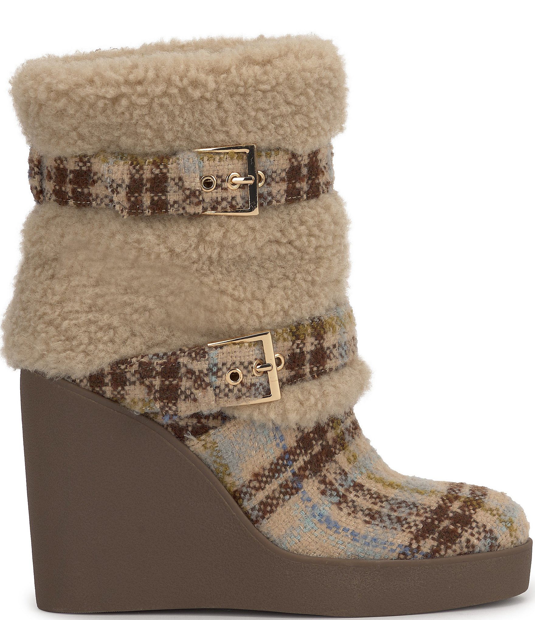 Jessica Simpson Meztyn Plaid Shearling Wedge Booties