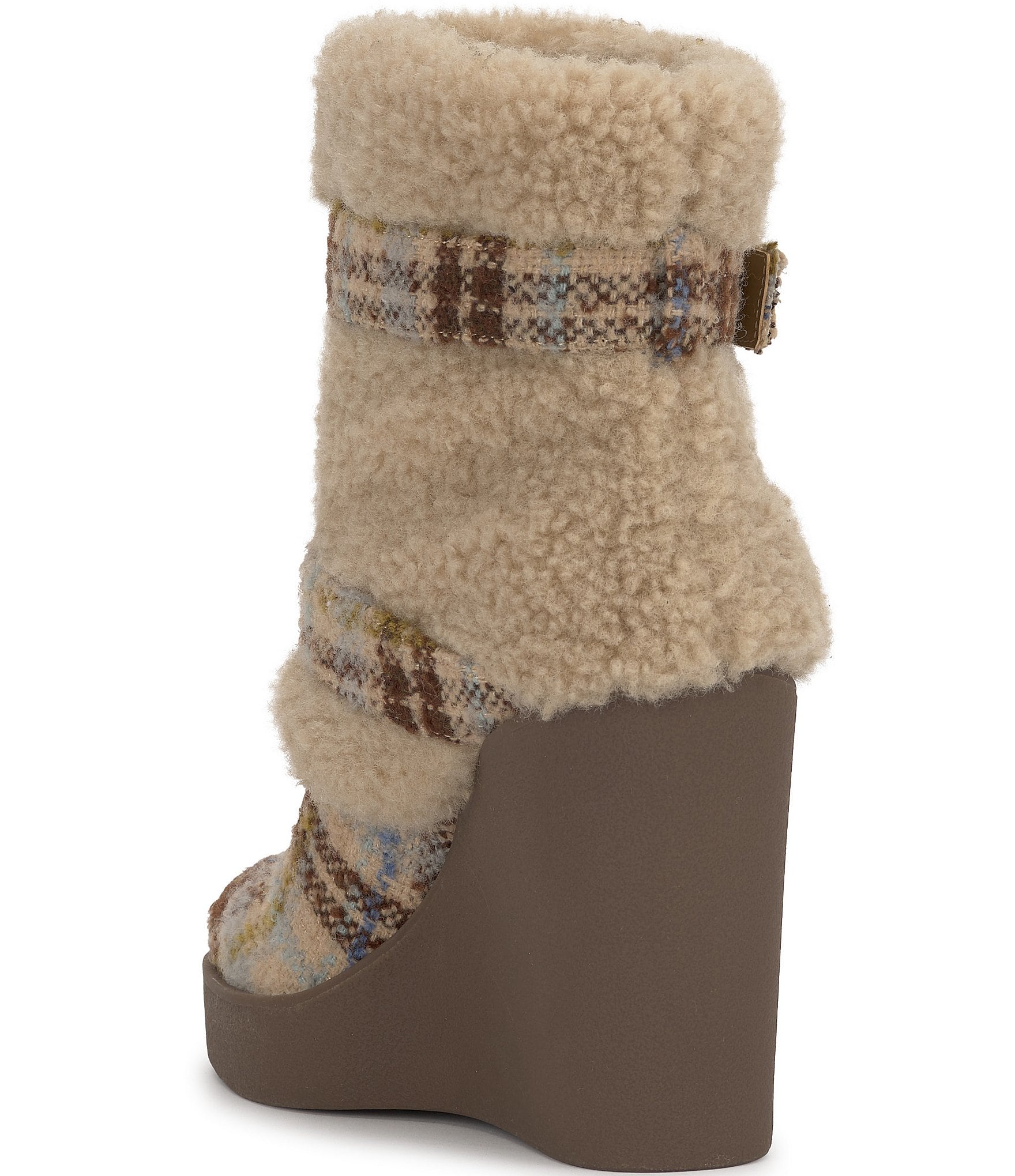 Jessica Simpson Meztyn Plaid Shearling Wedge Booties
