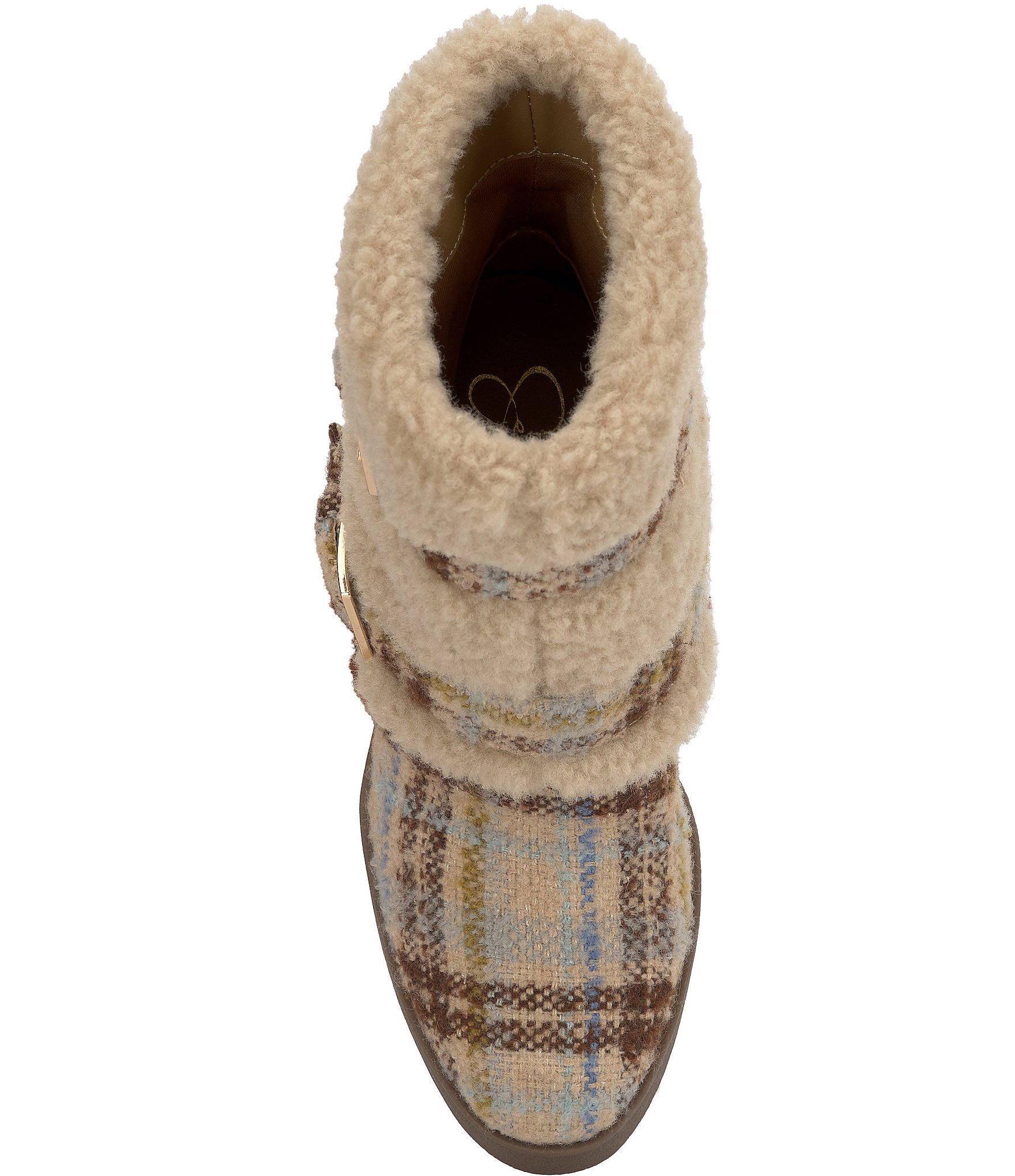 Jessica Simpson Meztyn Plaid Shearling Wedge Booties