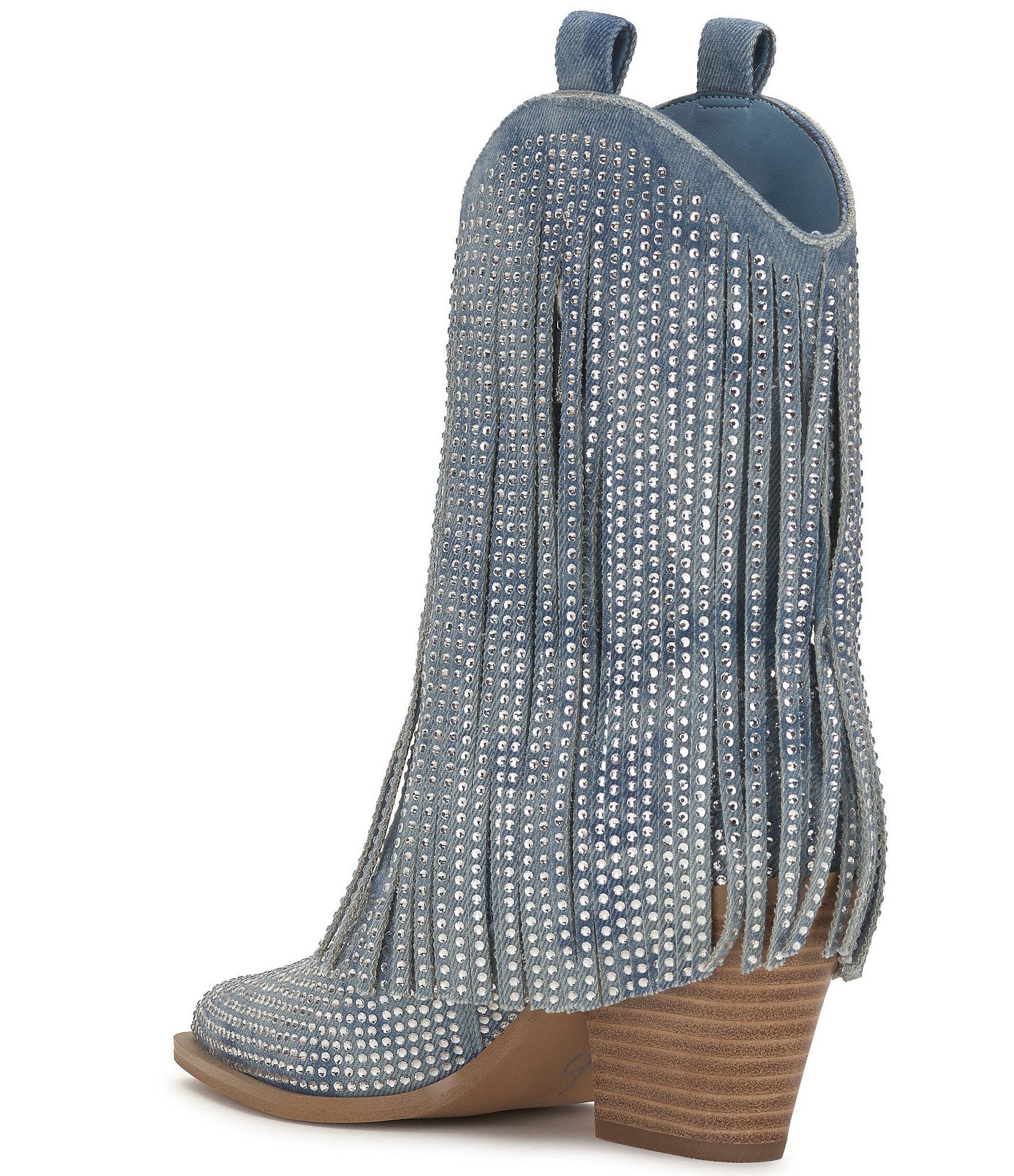 Jessica Simpson Paredisa Denim Rhinestone Fringe Western Booties