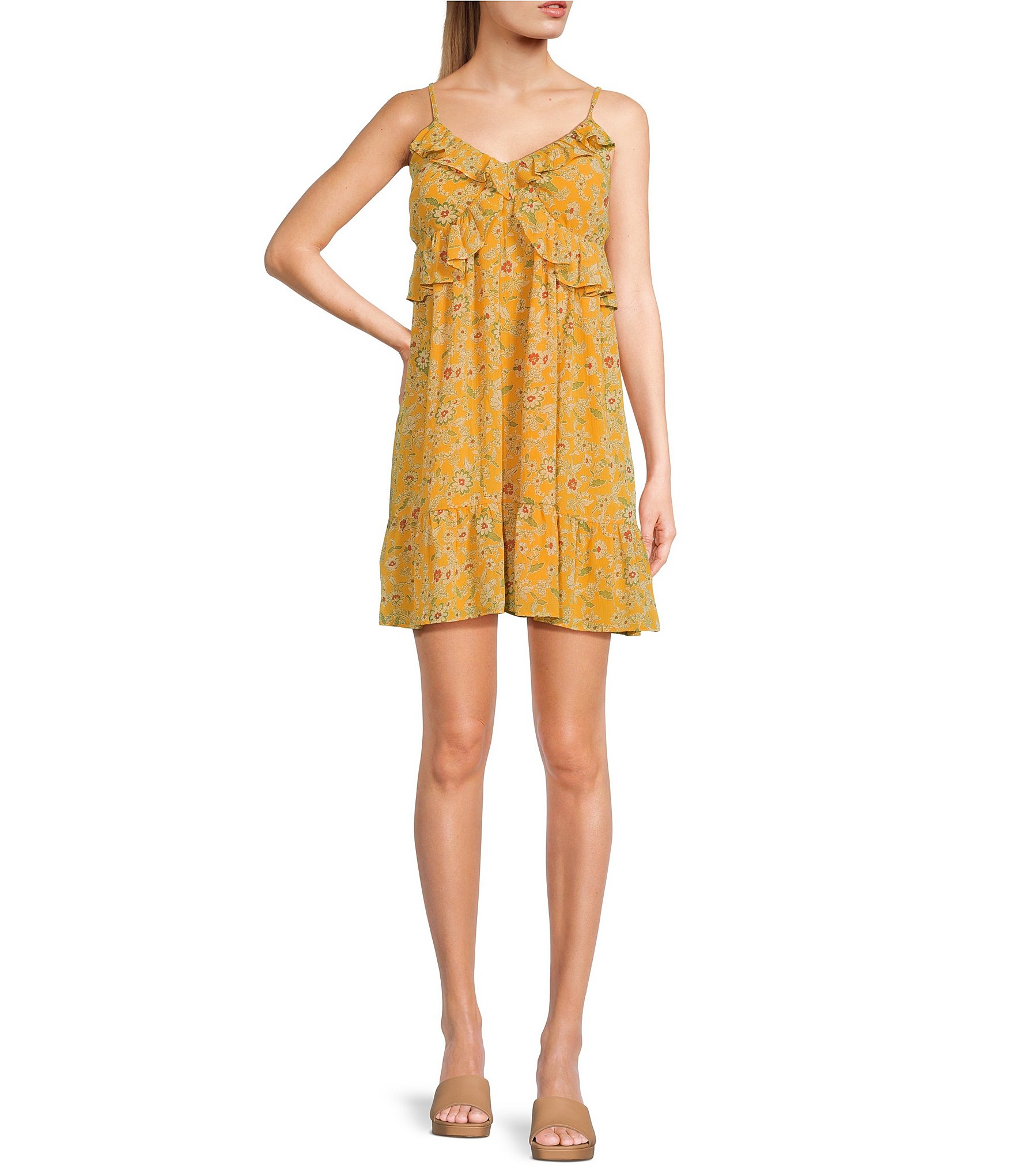 Jessica Simpson Floral Print Ruffle Trim A-Line Mini Dress | Dillard's