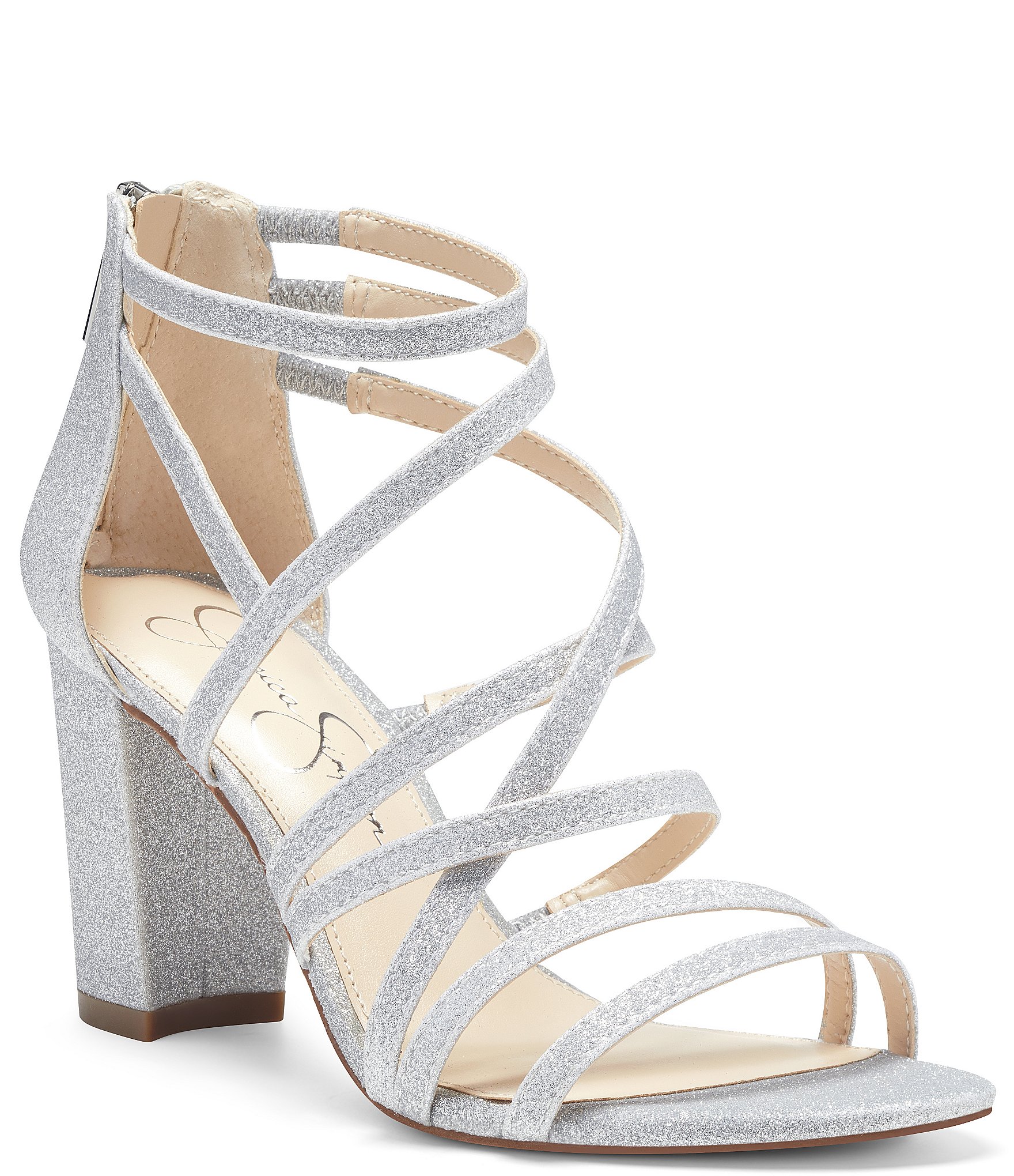 silver strappy block heels