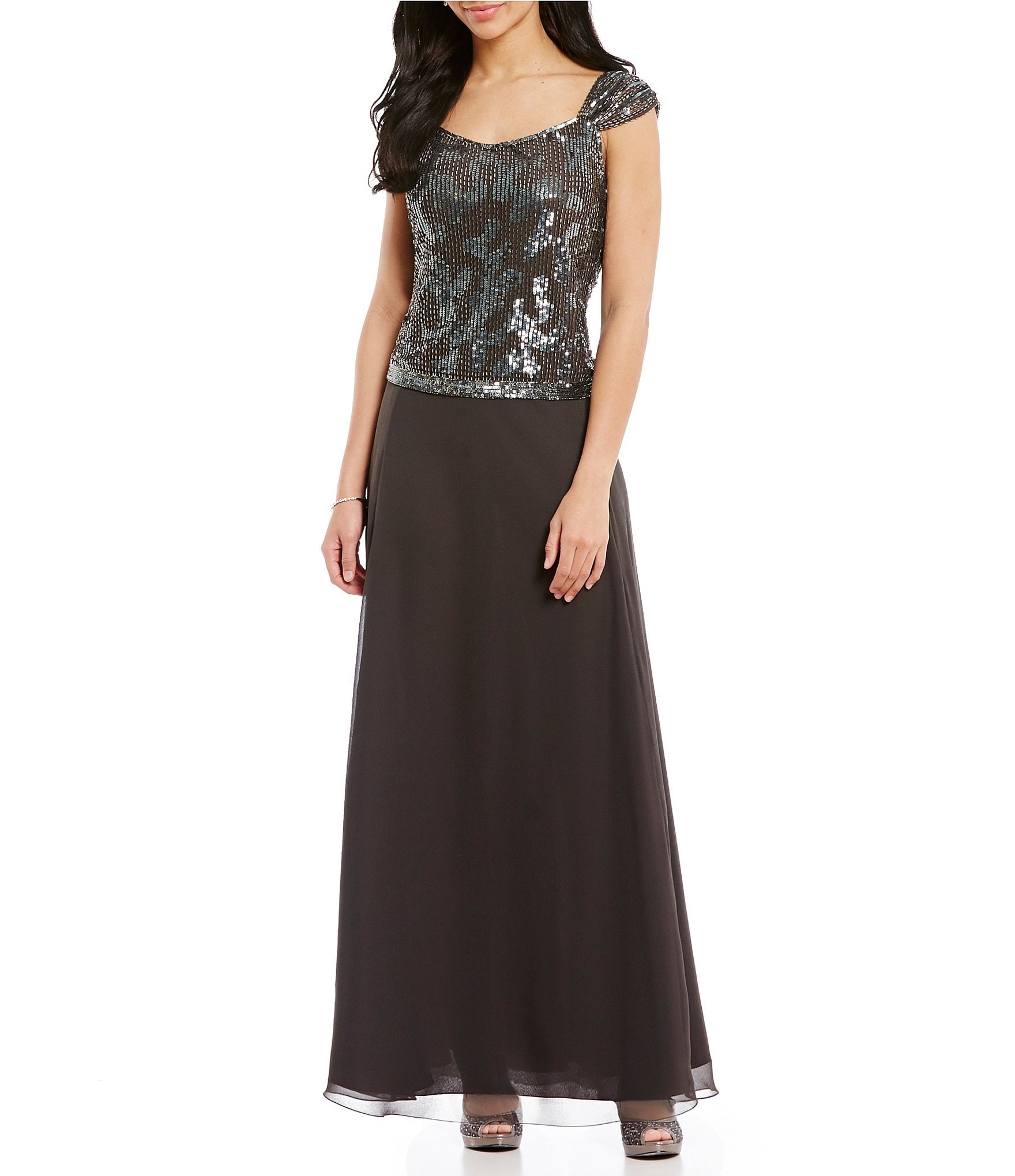 Jkara Sequin Bodice Long A-Line Chiffon Gown | Dillards
