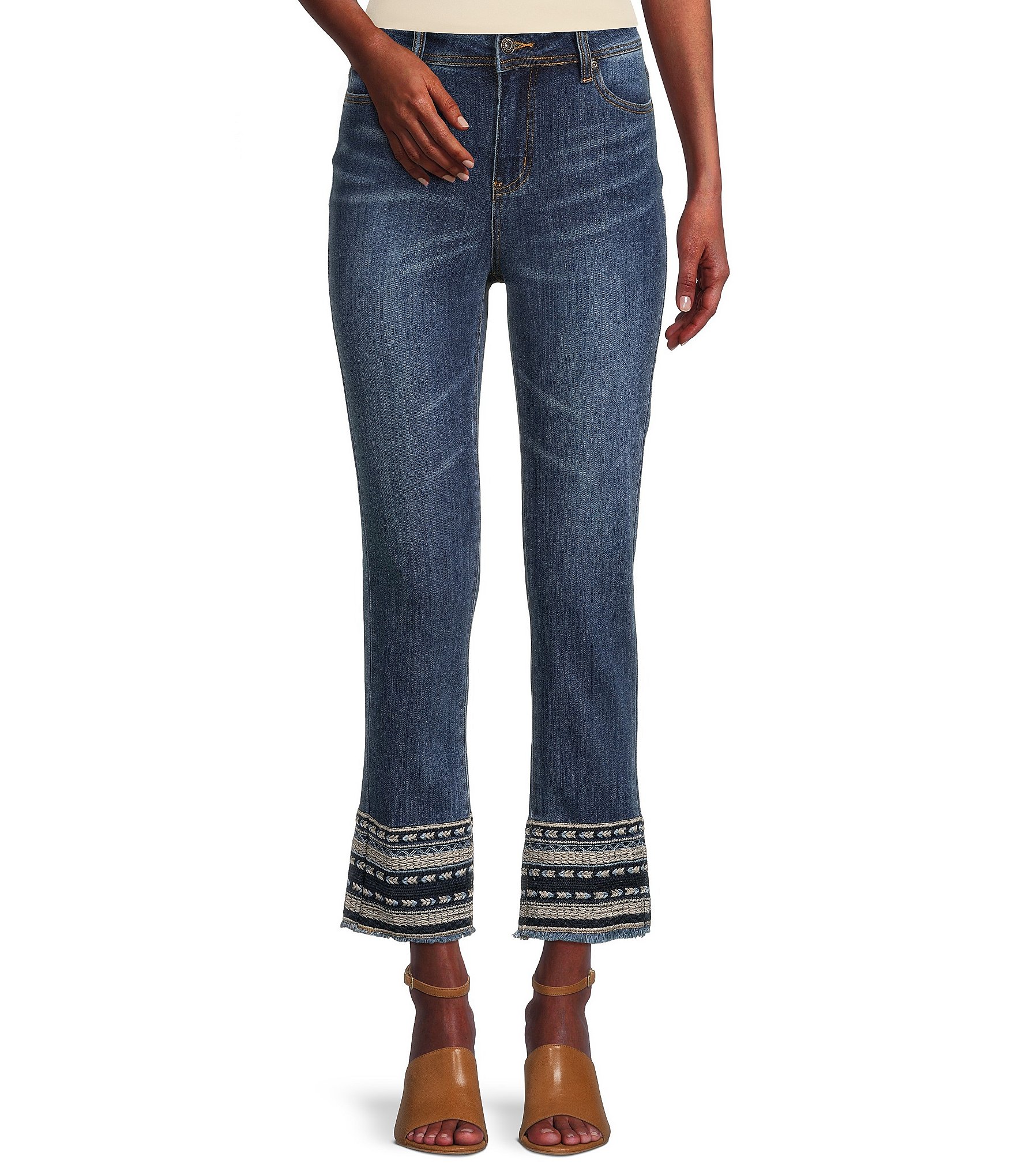 John Mark 5-Pocket Geometric Embroidered Hem Flared Ankle Jeans | Dillard's