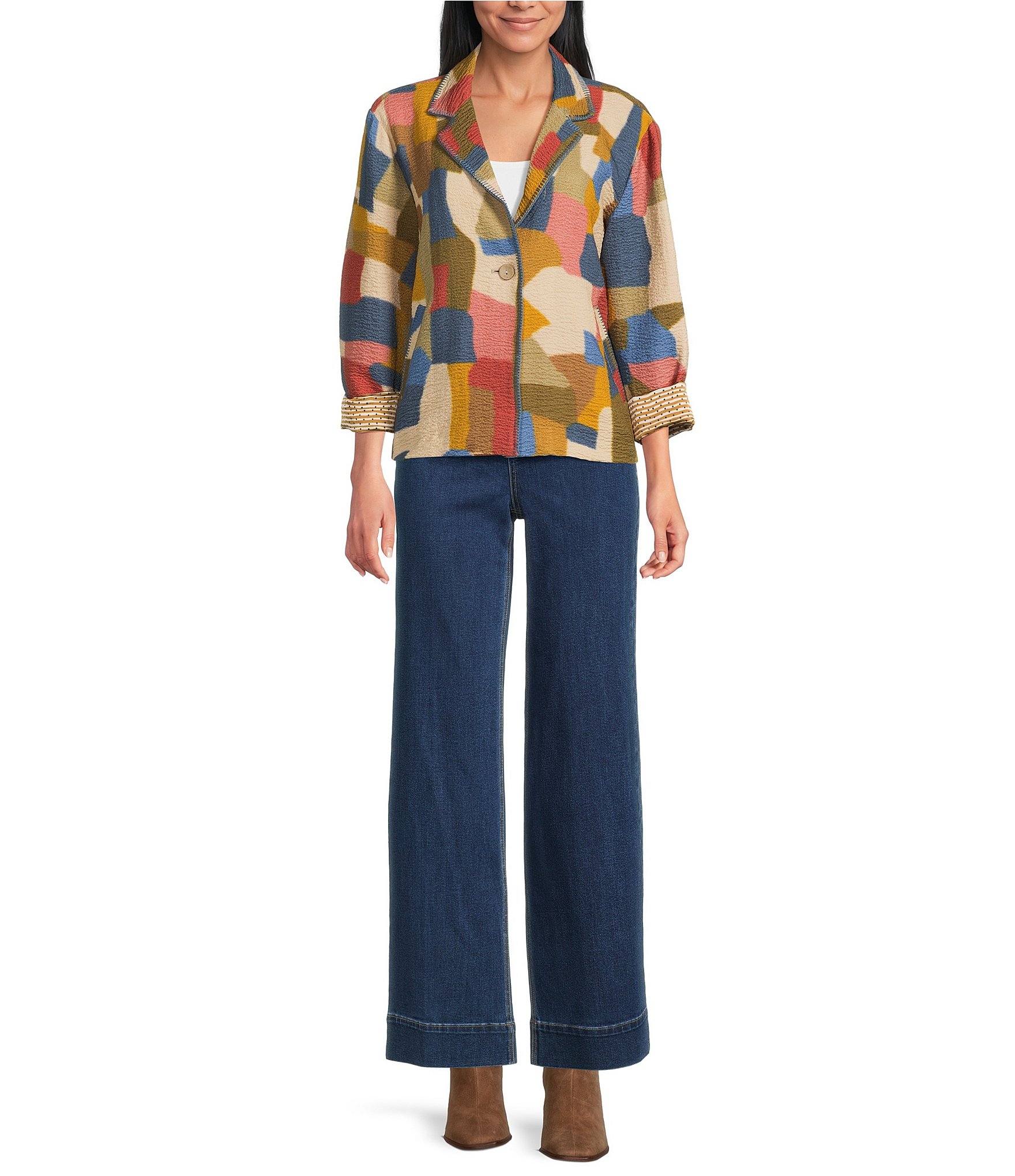 John Mark Abstract Geo Print Notch Collar Long Roll Sleeve Blanket Stitch Button Front Jacket