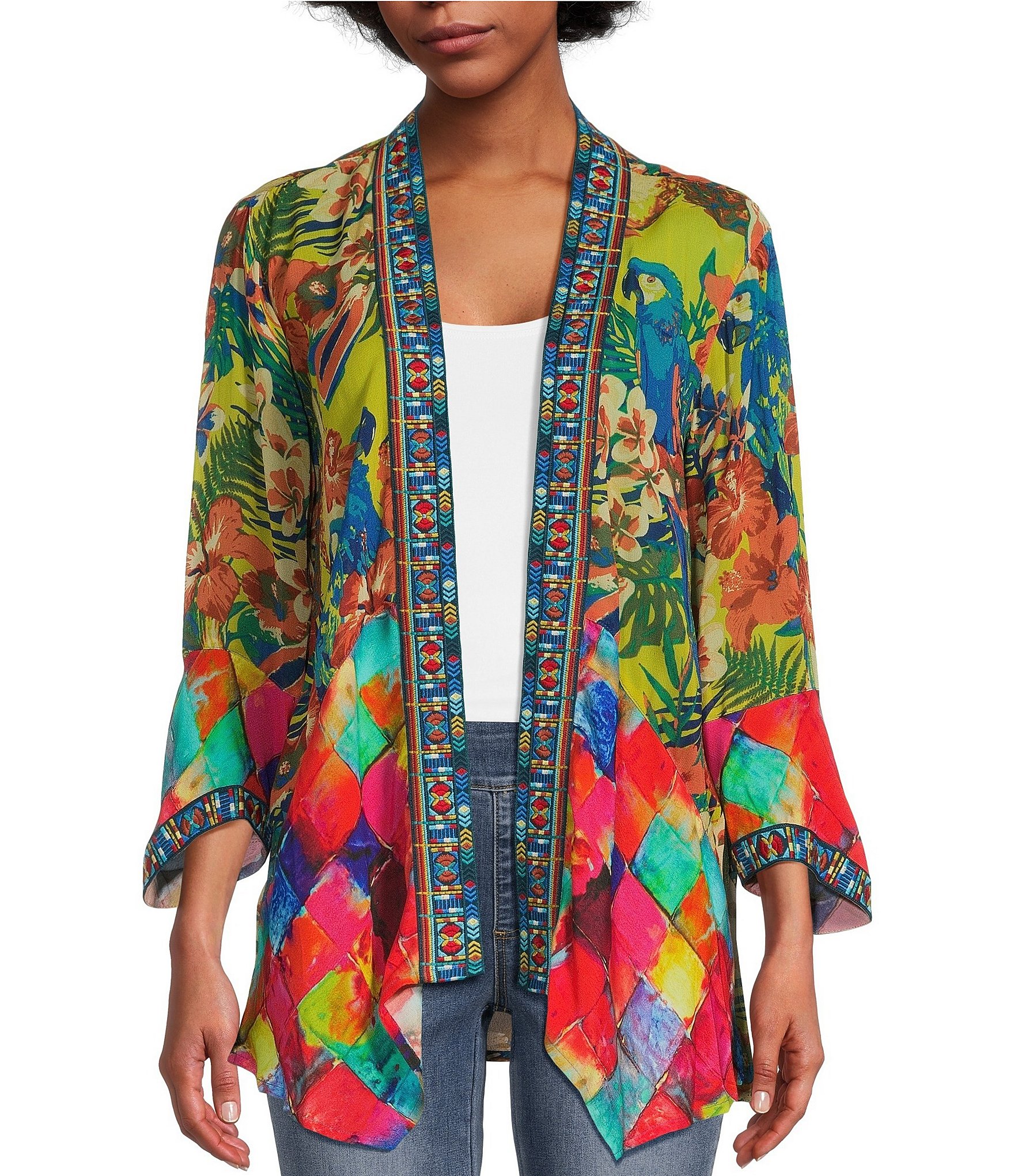 John Mark Abstract Tropical Print Embroidered 3/4 Cuffed Sleeve Open ...