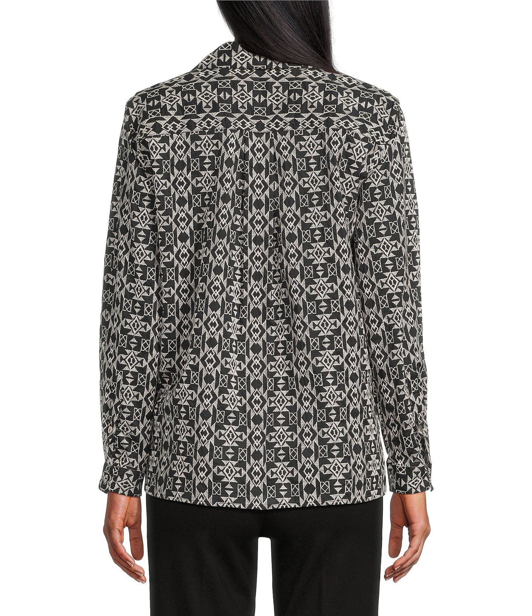 John Mark All Over Embroidered Triangular Geo Print Point Collar Long Roll Tab Sleeve Button Front Shirt