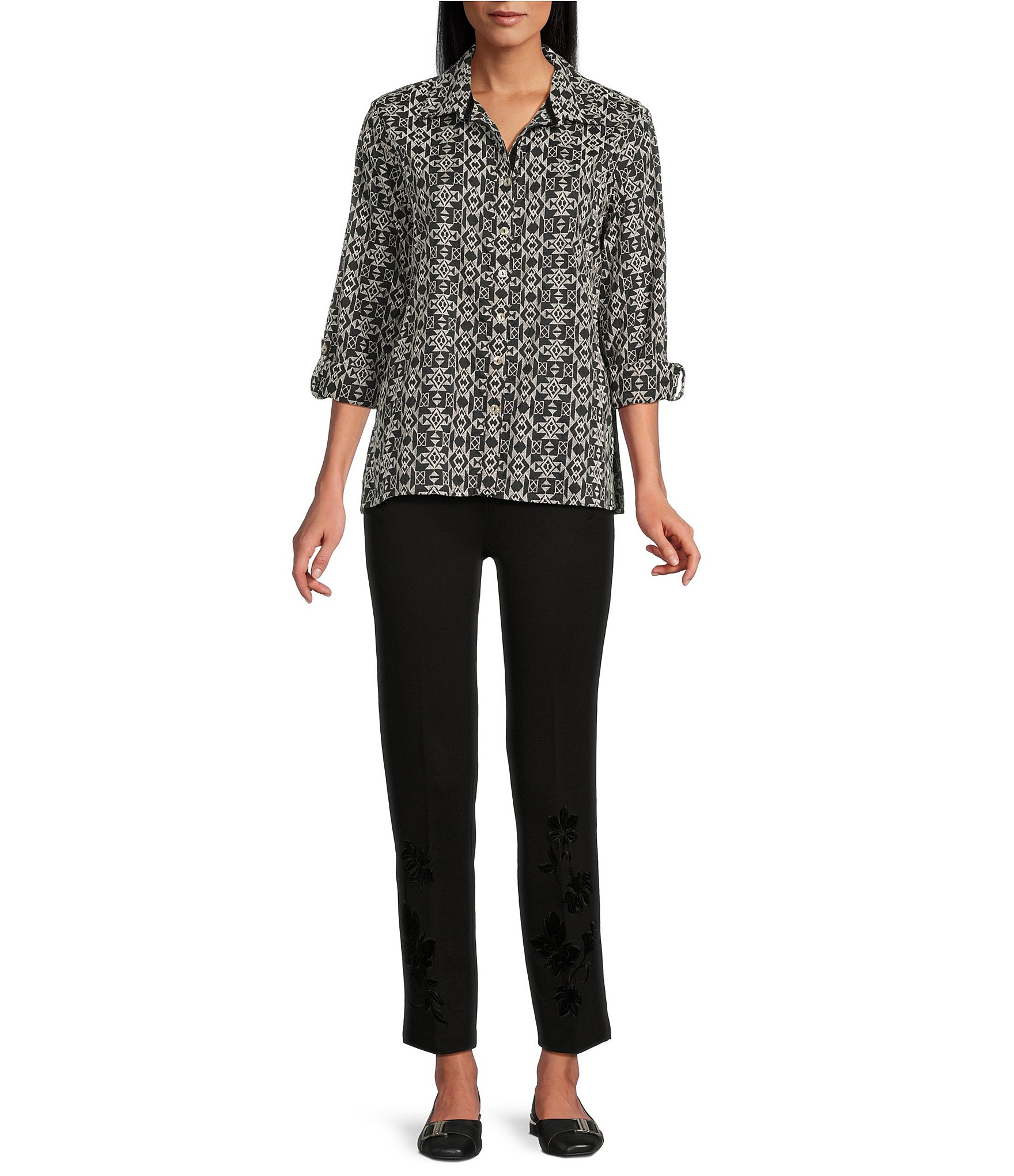 John Mark All Over Embroidered Triangular Geo Print Point Collar Long Roll Tab Sleeve Button Front Shirt