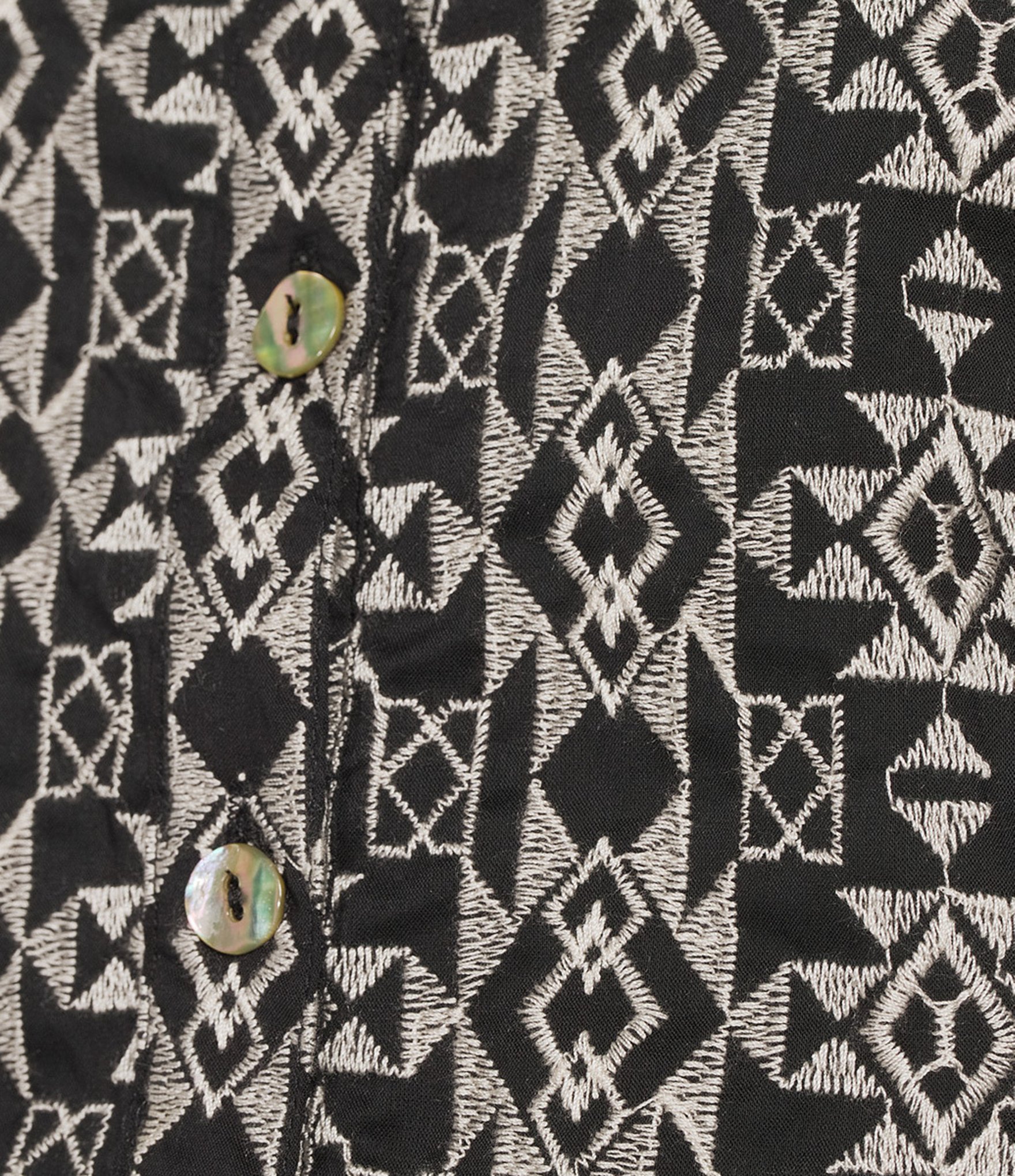 John Mark All Over Embroidered Triangular Geo Print Point Collar Long Roll Tab Sleeve Button Front Shirt