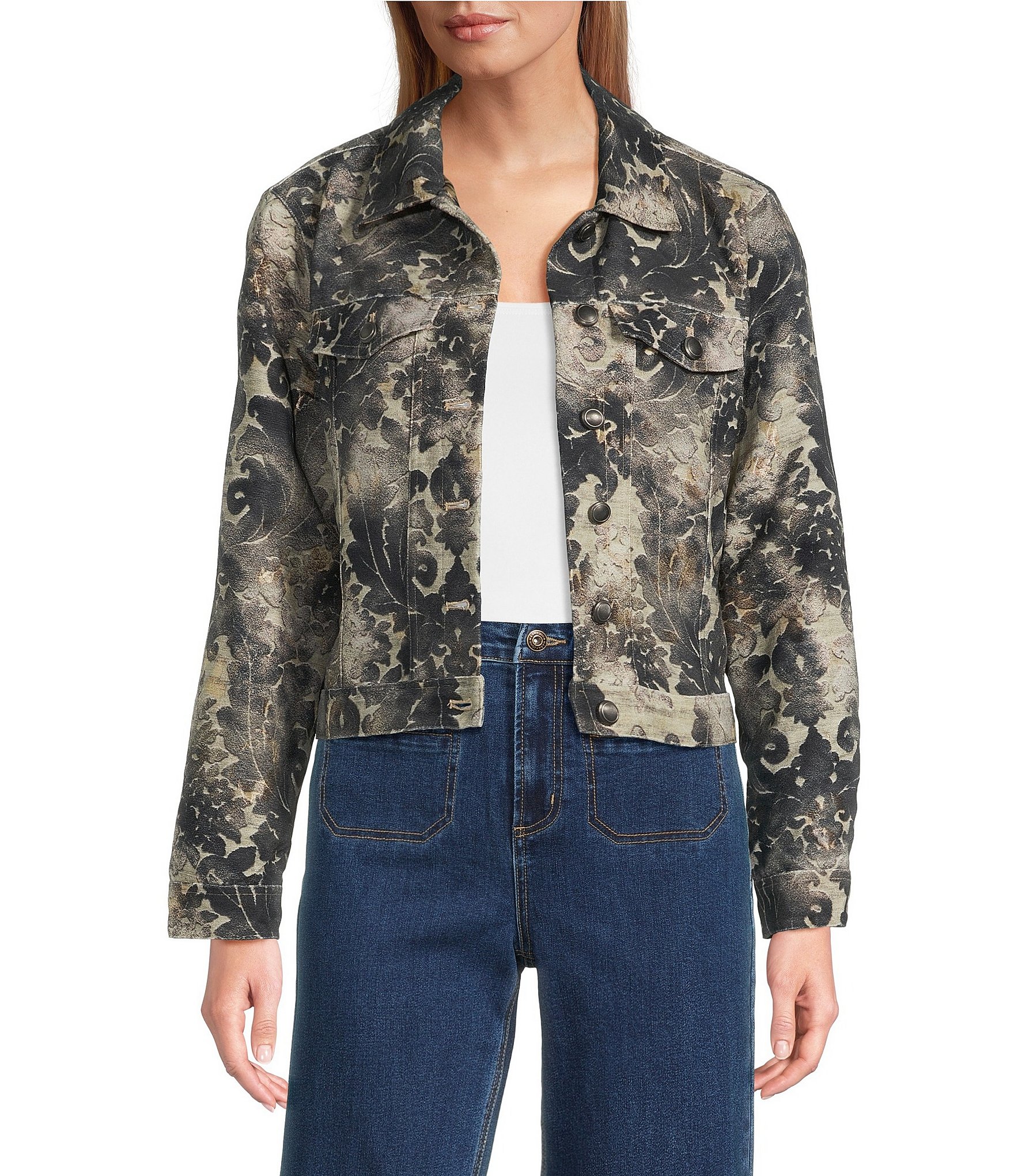 John Mark Chenille Floral & Animal Print Burnout Point Collar Long Sleeve Button Front Jacket