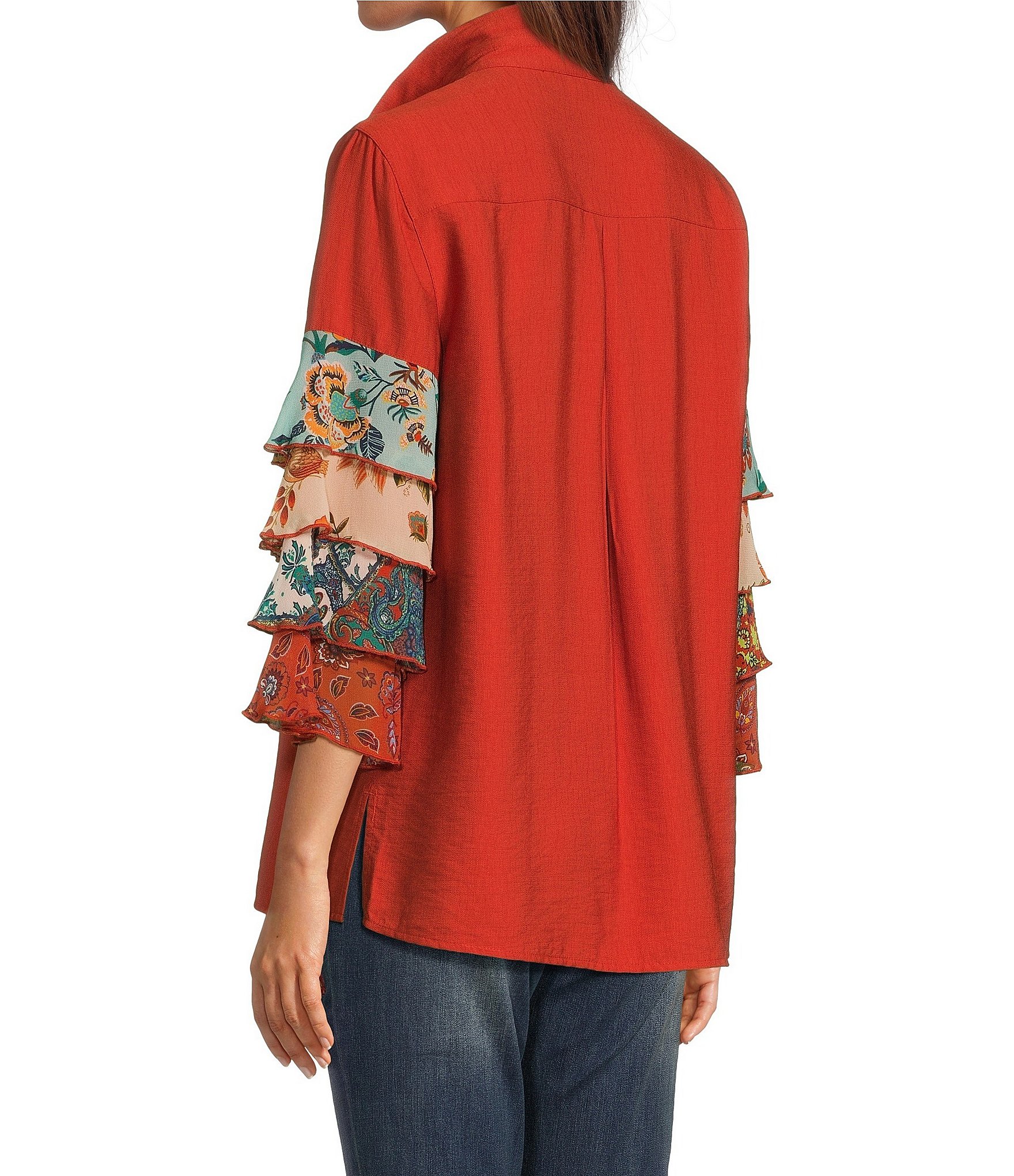 John Mark Collared 3/4 Printed Tiered Sleeve Button Down Top