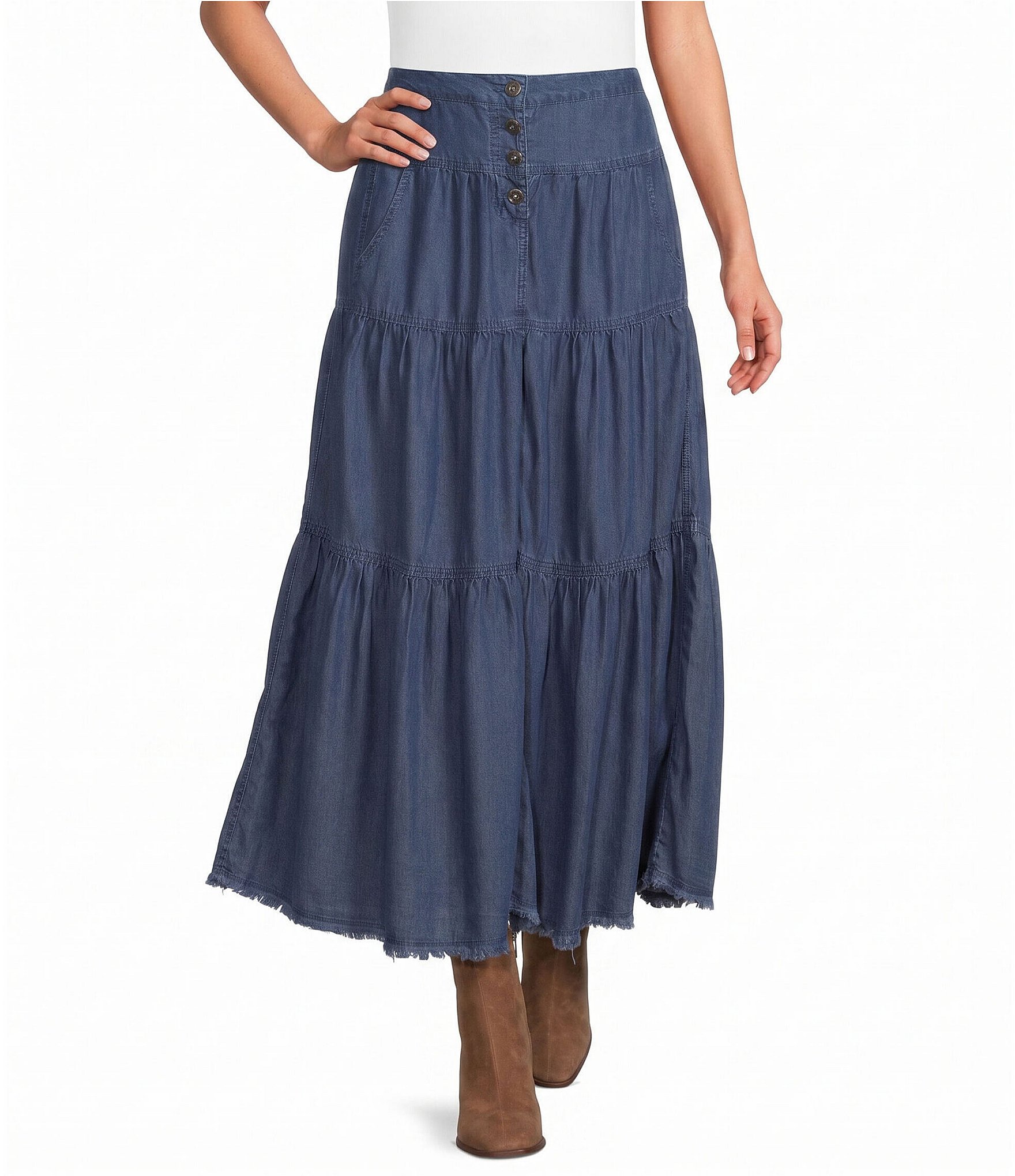 John Mark Denim Elastic Back Tiered A-Line Skirt