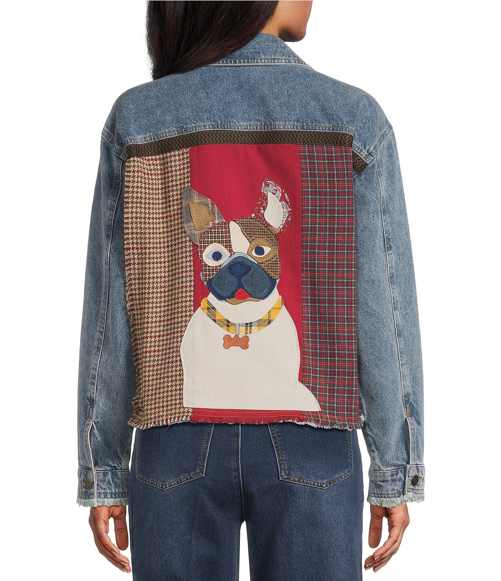 John Mark Denim Mixed Patch Panel Dog Print Point Collar Long Sleeve Button Front Jacket