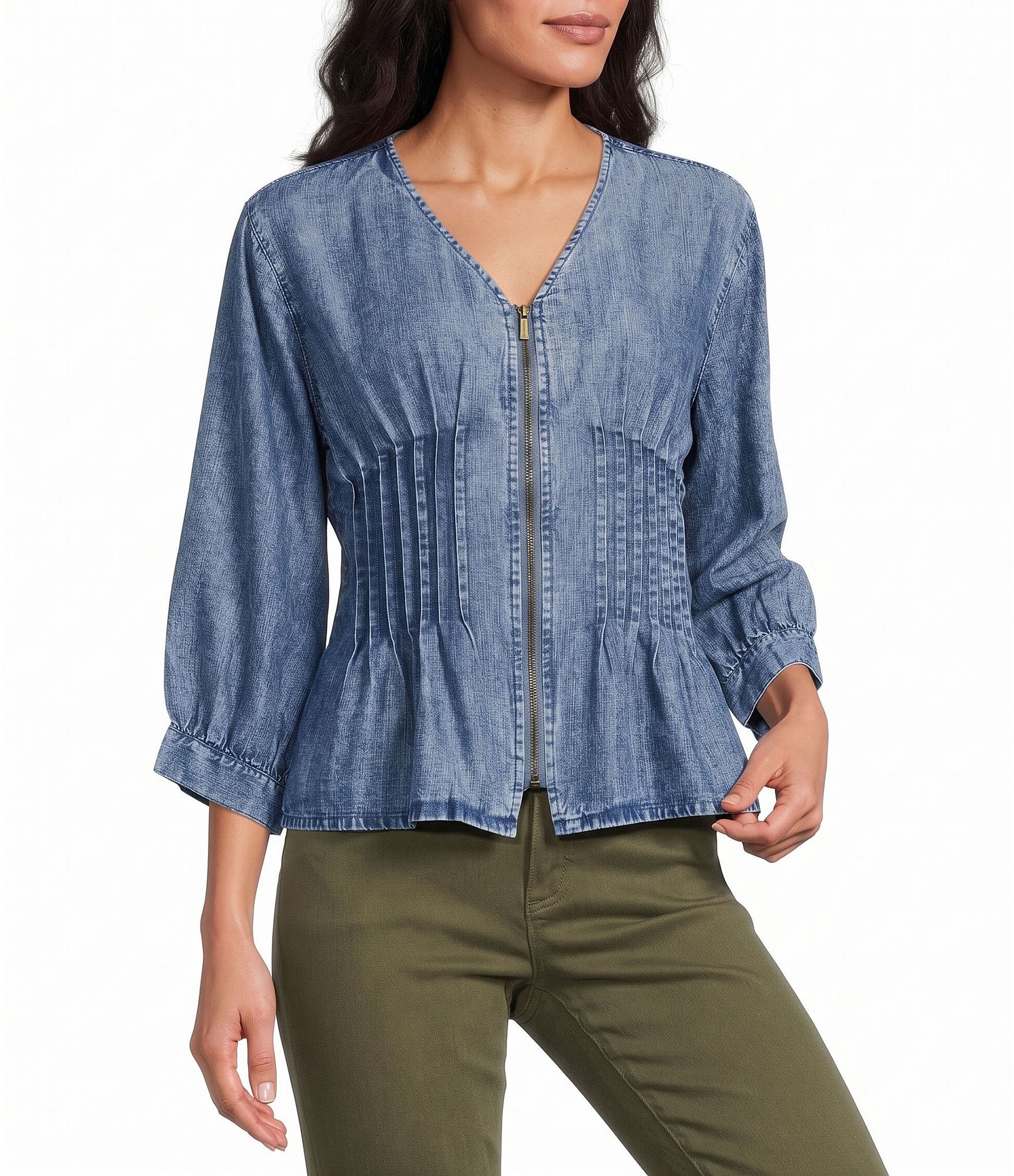 John Mark Denim V-Neck Long Button Cuffed Sleeve Pleated Smocked Waist Zip Front Top