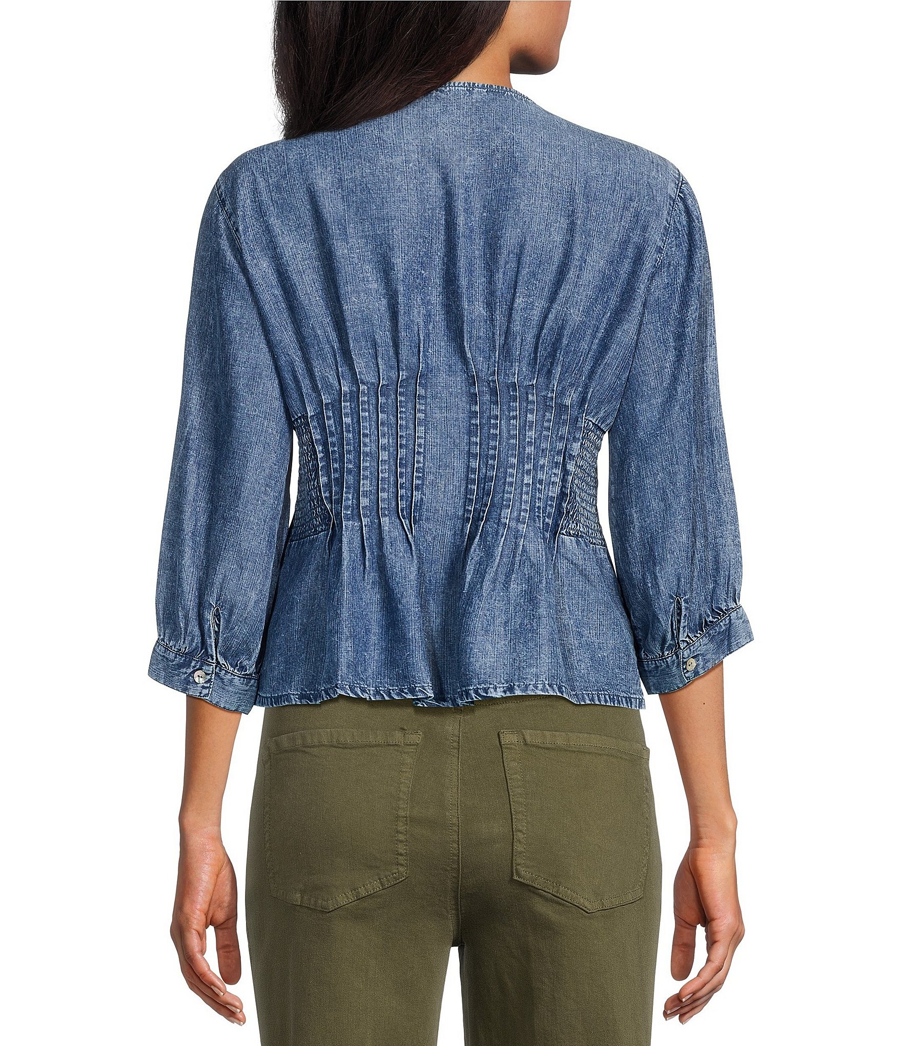 John Mark Denim V-Neck Long Button Cuffed Sleeve Pleated Smocked Waist Zip Front Top