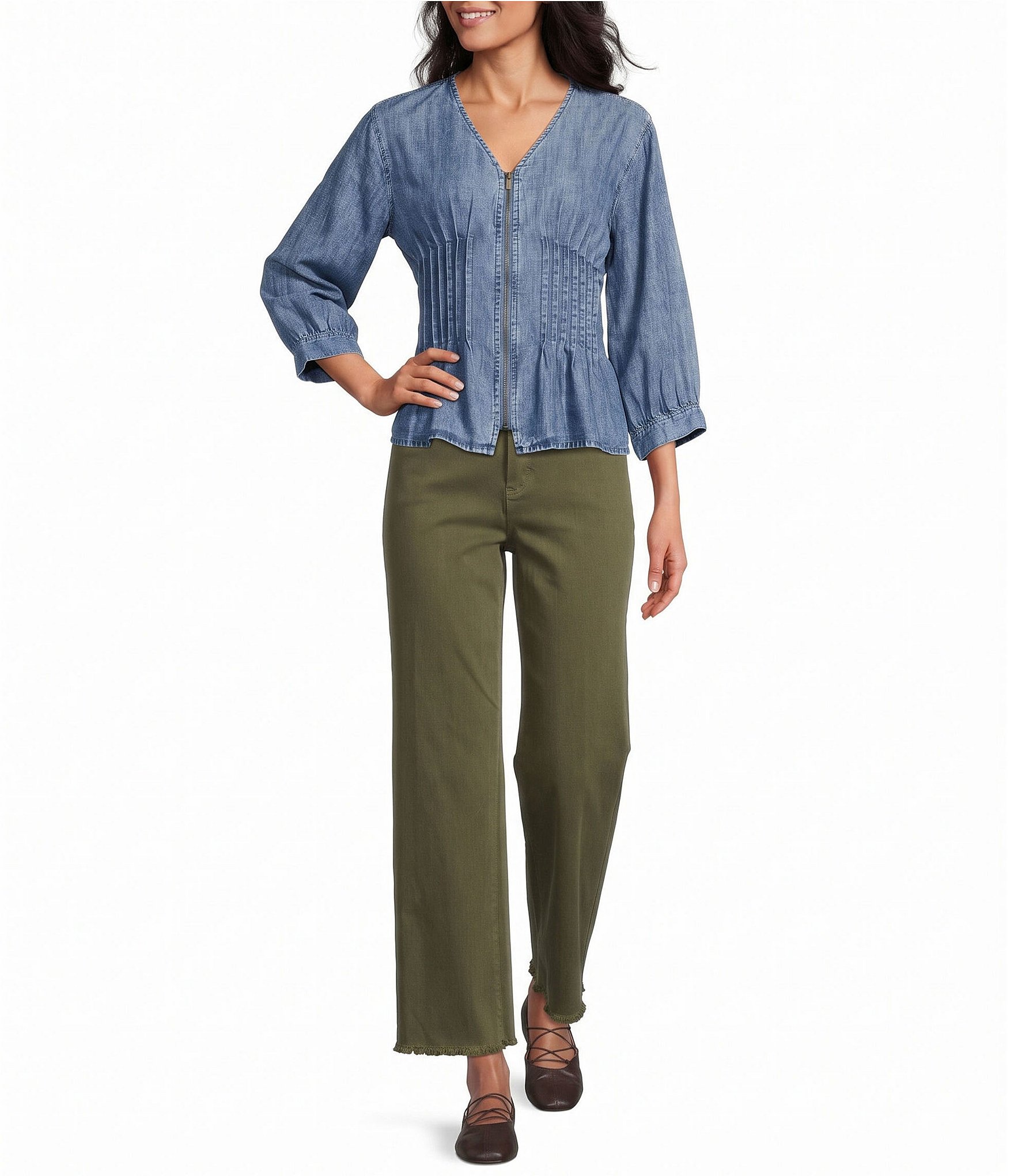 John Mark Denim V-Neck Long Button Cuffed Sleeve Pleated Smocked Waist Zip Front Top