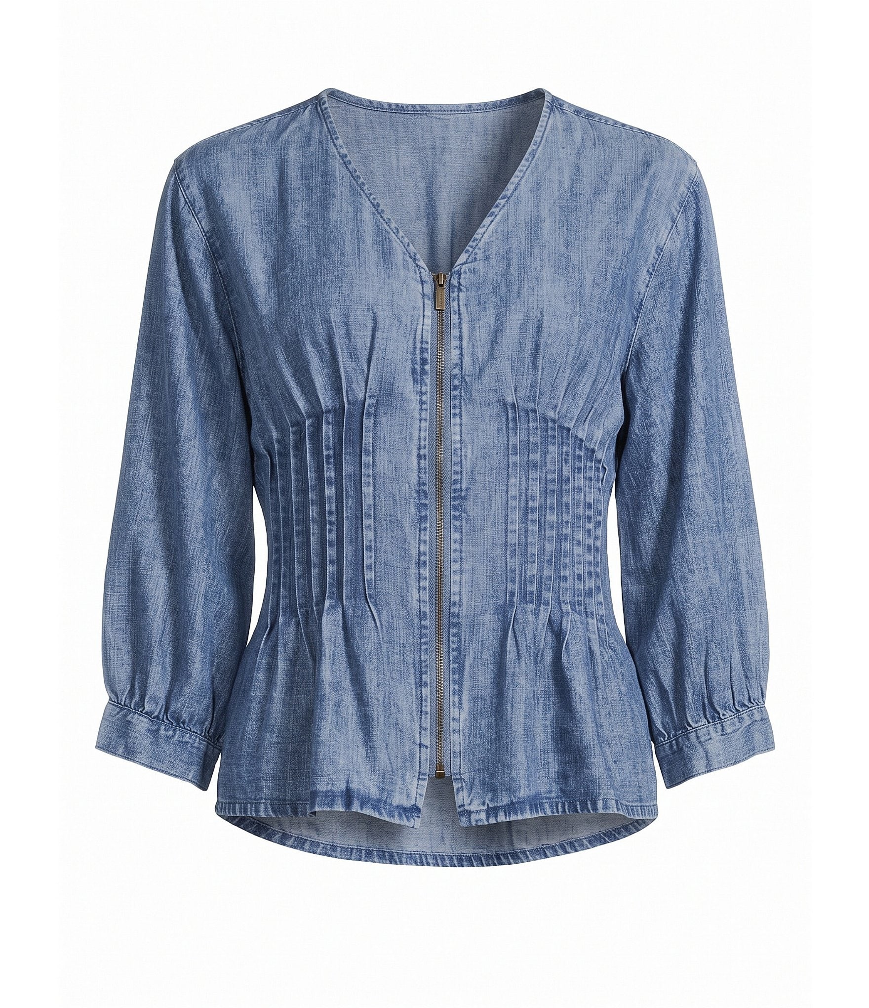 John Mark Denim V-Neck Long Button Cuffed Sleeve Pleated Smocked Waist Zip Front Top
