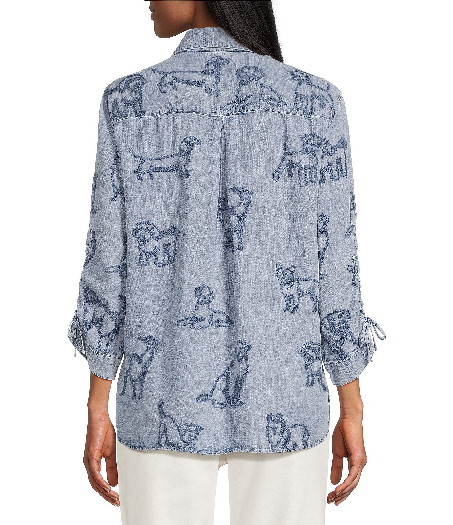 John Mark Dog Embroidered Wire Collar 3/4 Cinched Sleeve Tunic