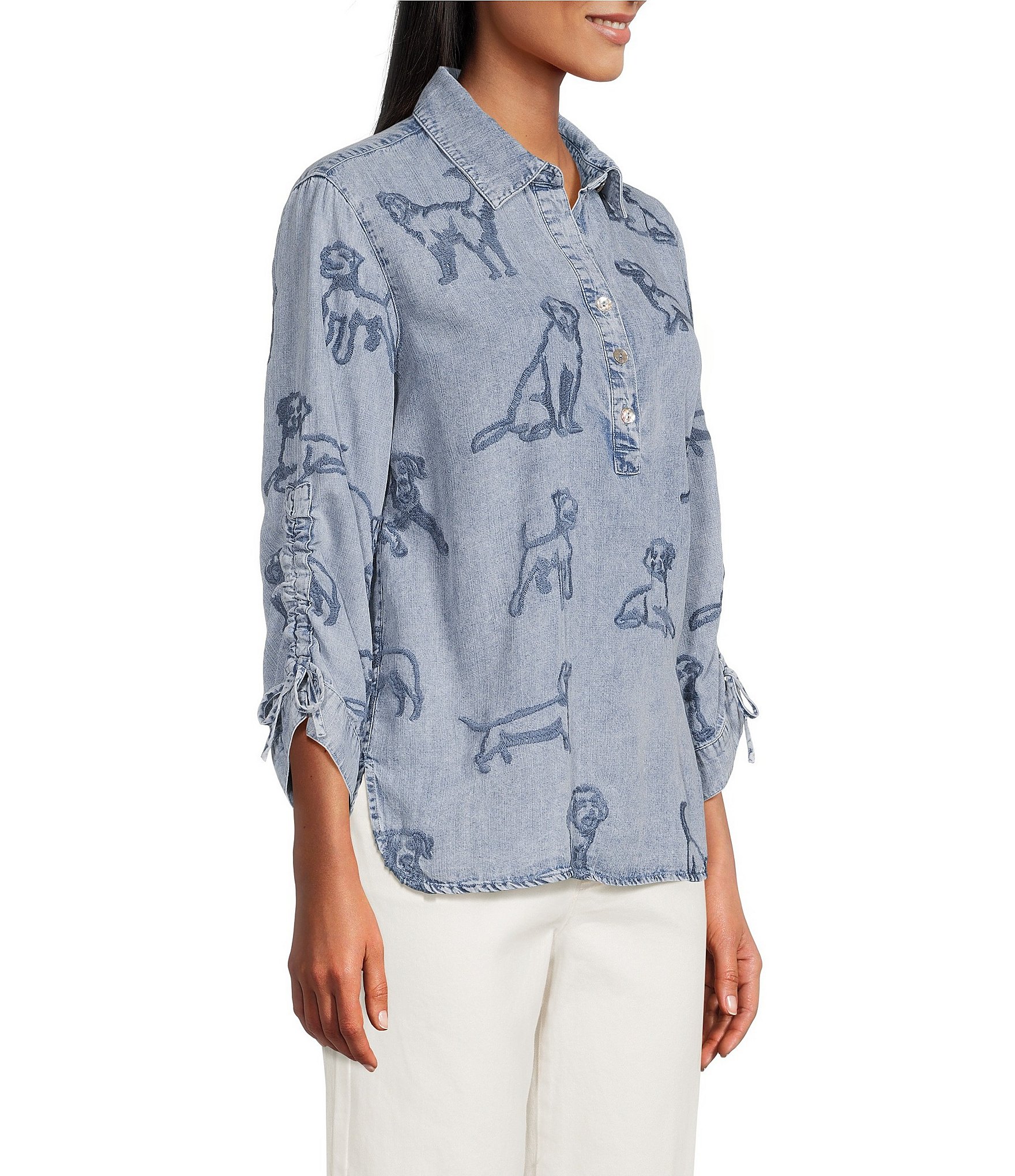 John Mark Dog Embroidered Wire Collar 3/4 Cinched Sleeve Tunic