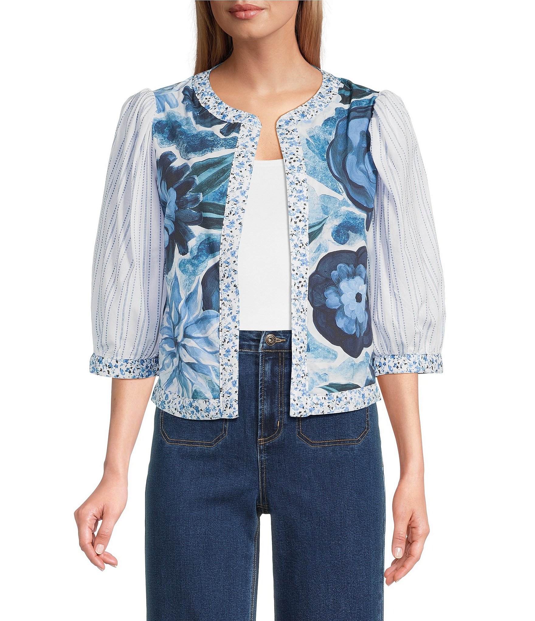 John Mark Embroidered Band Collar 3/4 Sleeve Open-Front Reversible Jacket