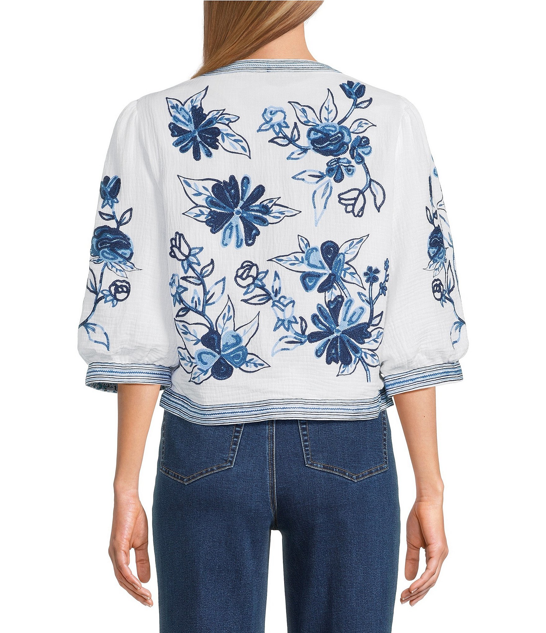 John Mark Embroidered Band Collar 3/4 Sleeve Open-Front Reversible Jacket