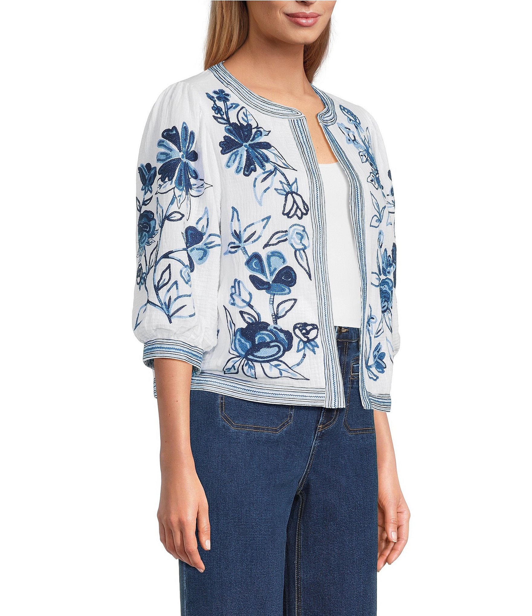 John Mark Embroidered Band Collar 3/4 Sleeve Open-Front Reversible Jacket