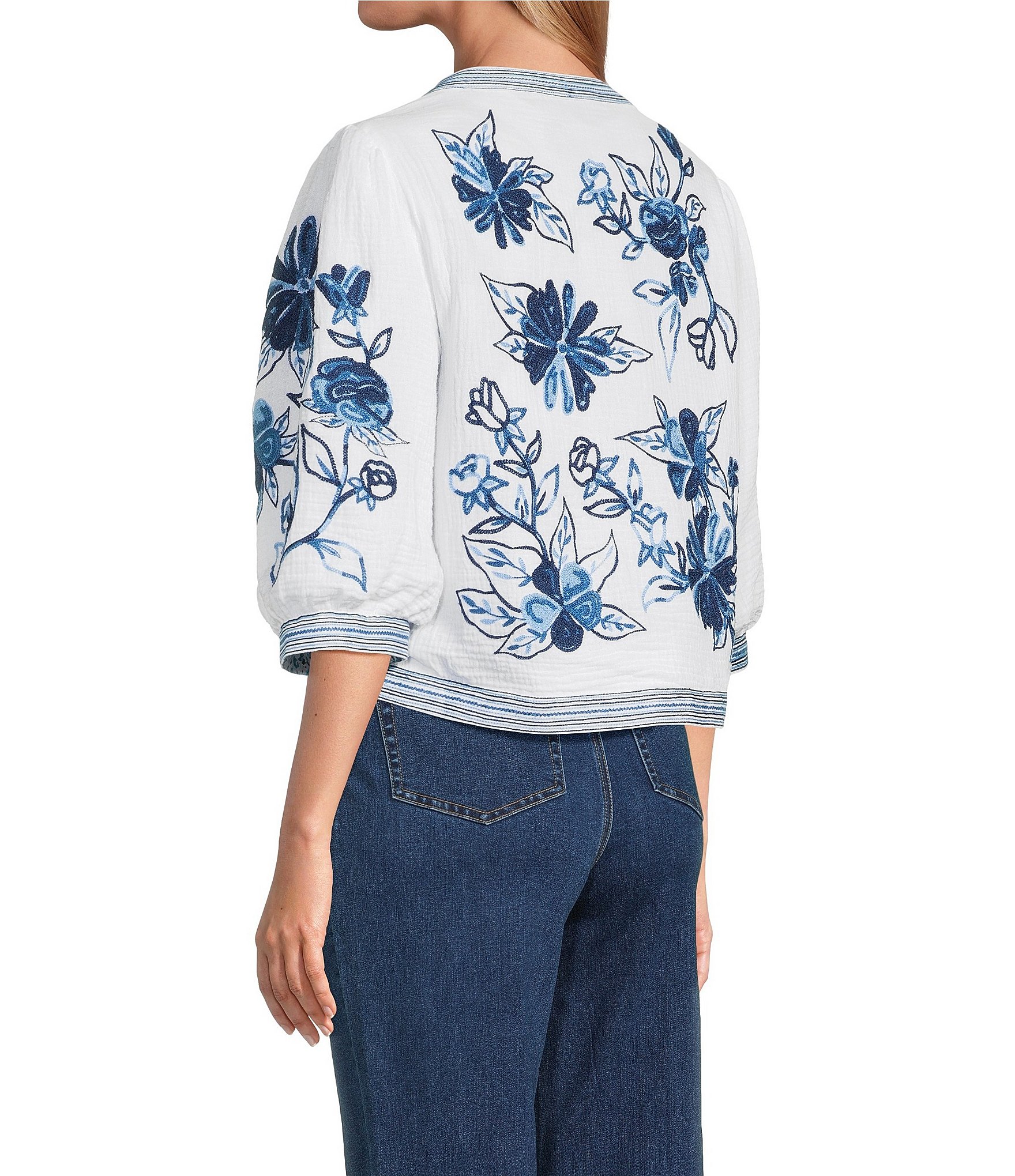 John Mark Embroidered Band Collar 3/4 Sleeve Open-Front Reversible Jacket
