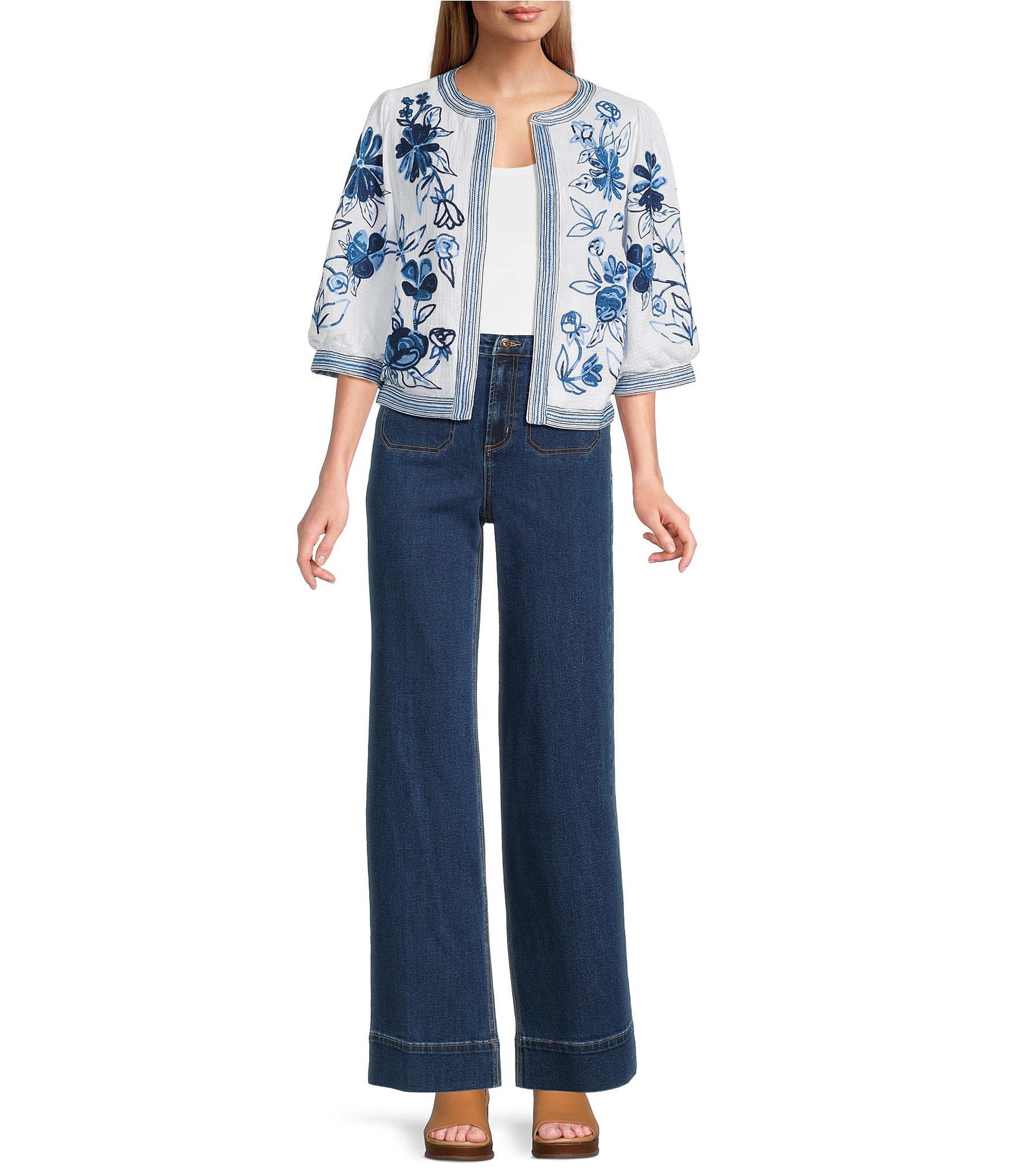 John Mark Embroidered Band Collar 3/4 Sleeve Open-Front Reversible Jacket