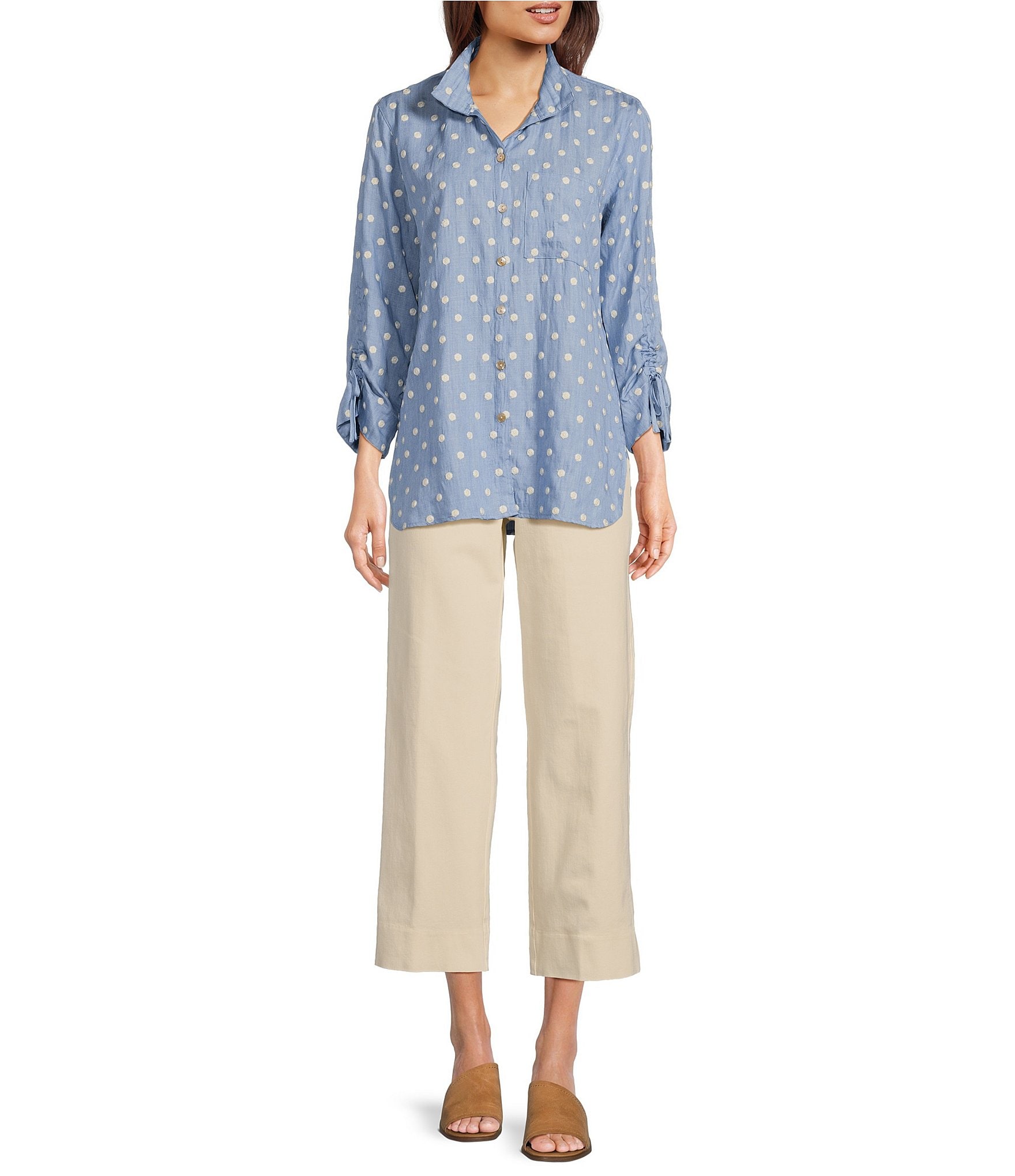 John Mark Embroidered Dot Wire Collar Ruched Cinch Tie 3/4 Sleeve Button Front Blouse