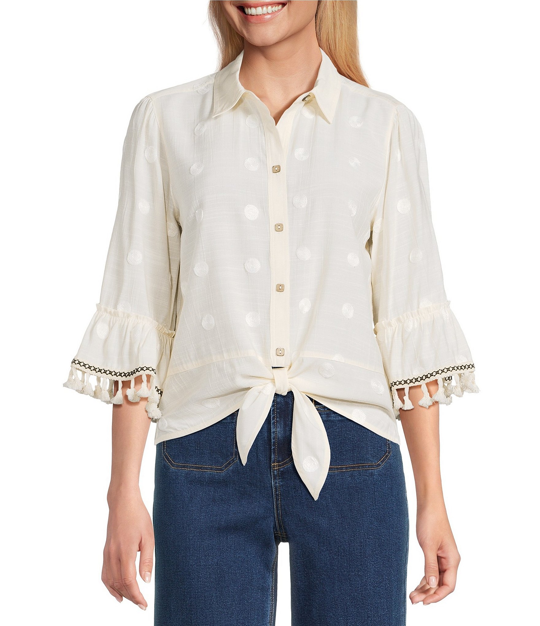 John Mark Embroidered Dots Tassel Trim Point Collar 3/4 Sleeve Button Tie-Front Blouse