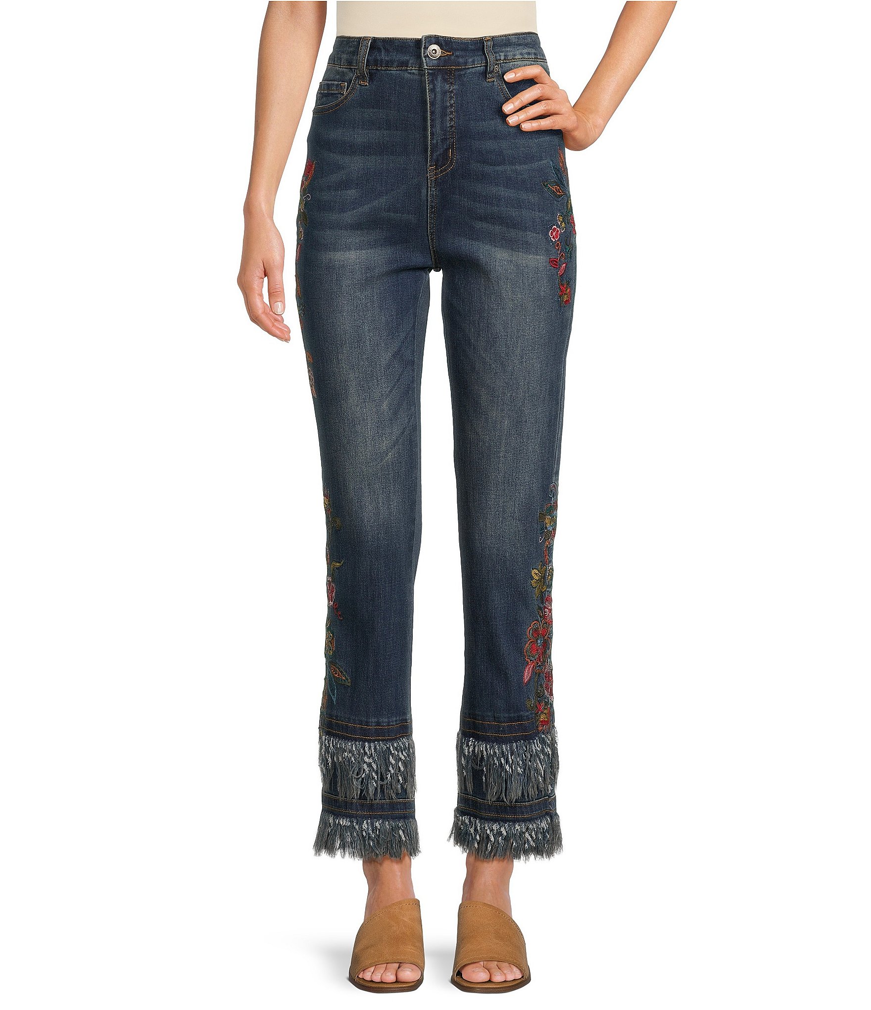 John Mark Embroidered Double Tiered Fringe Hem Ankle Jeans | Dillard's