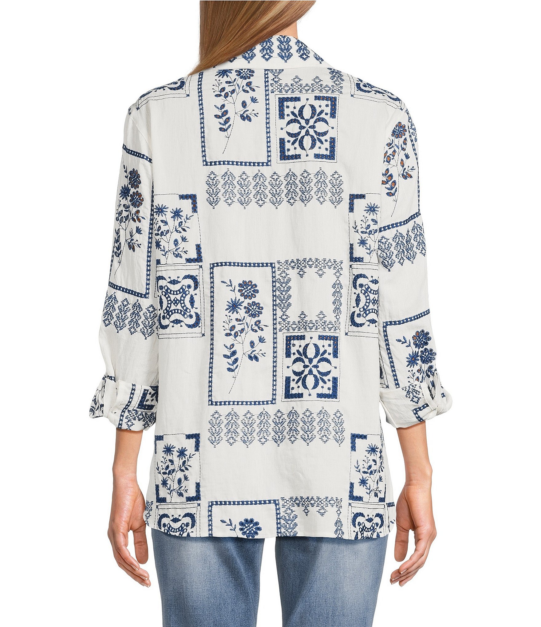 John Mark Embroidered Floral Eyelet Patchwork Point Collar Long Roll-Tab Sleeve Button Front Shirt