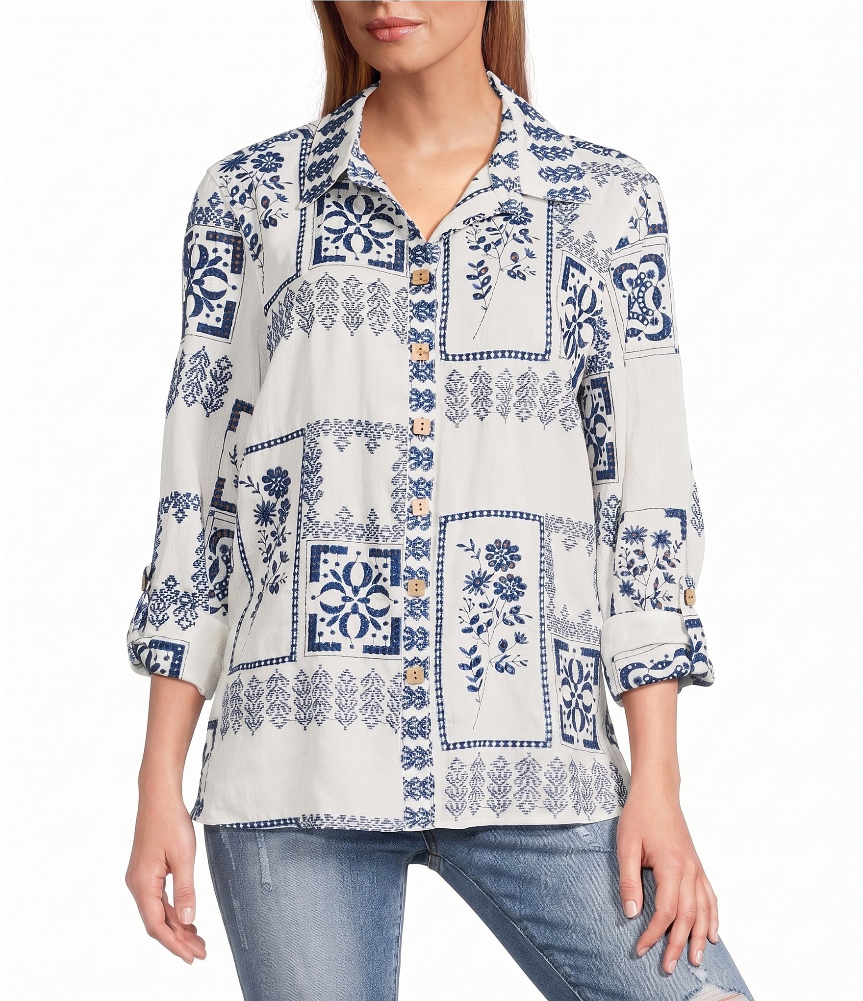 John Mark Embroidered Floral Eyelet Patchwork Point Collar Long Roll-Tab Sleeve Button Front Shirt