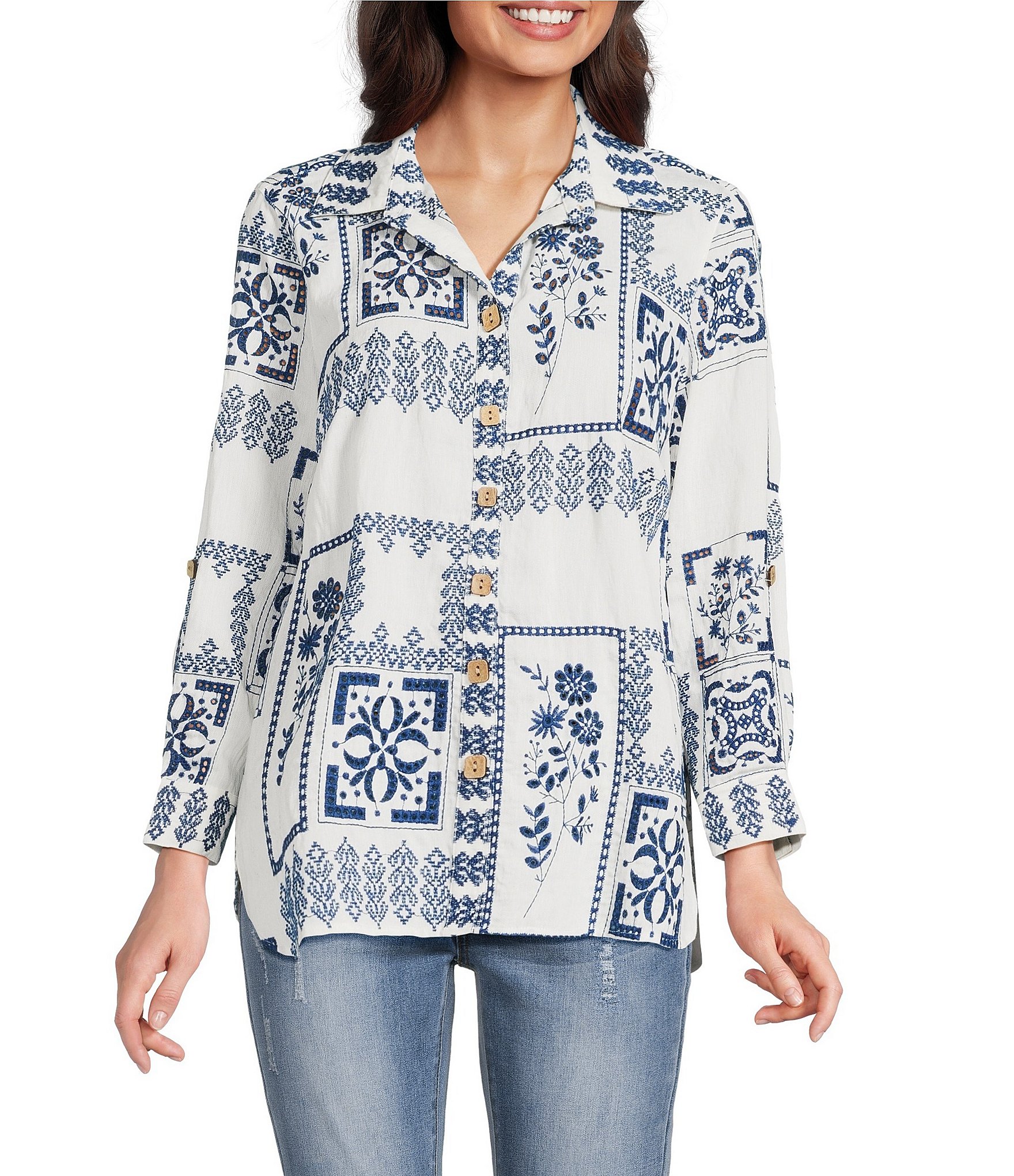 John Mark Embroidered Floral Eyelet Patchwork Point Collar Long Roll-Tab Sleeve Button Front Shirt