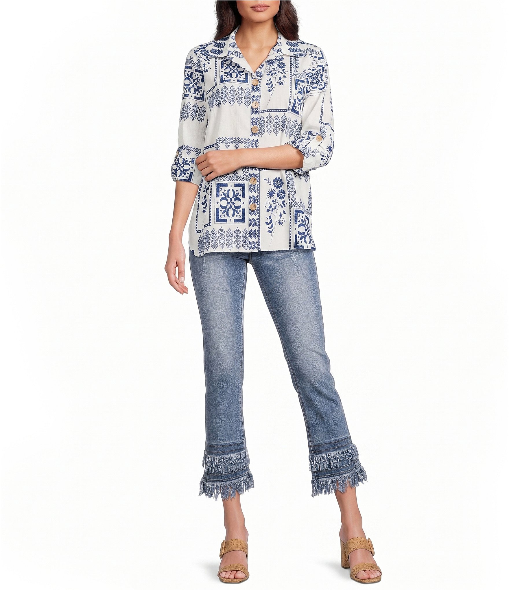 John Mark Embroidered Floral Eyelet Patchwork Point Collar Long Roll-Tab Sleeve Button Front Shirt