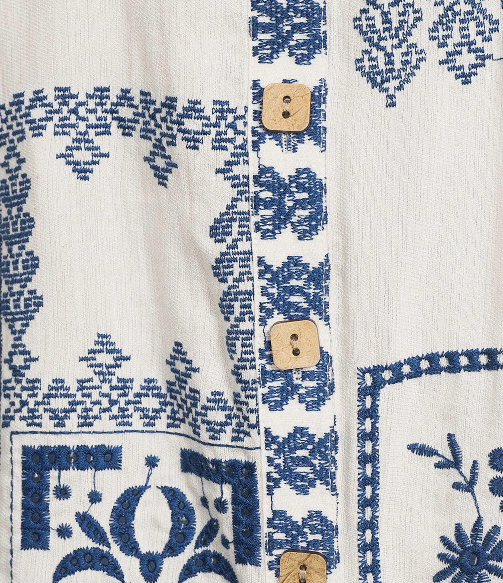 John Mark Embroidered Floral Eyelet Patchwork Point Collar Long Roll-Tab Sleeve Button Front Shirt