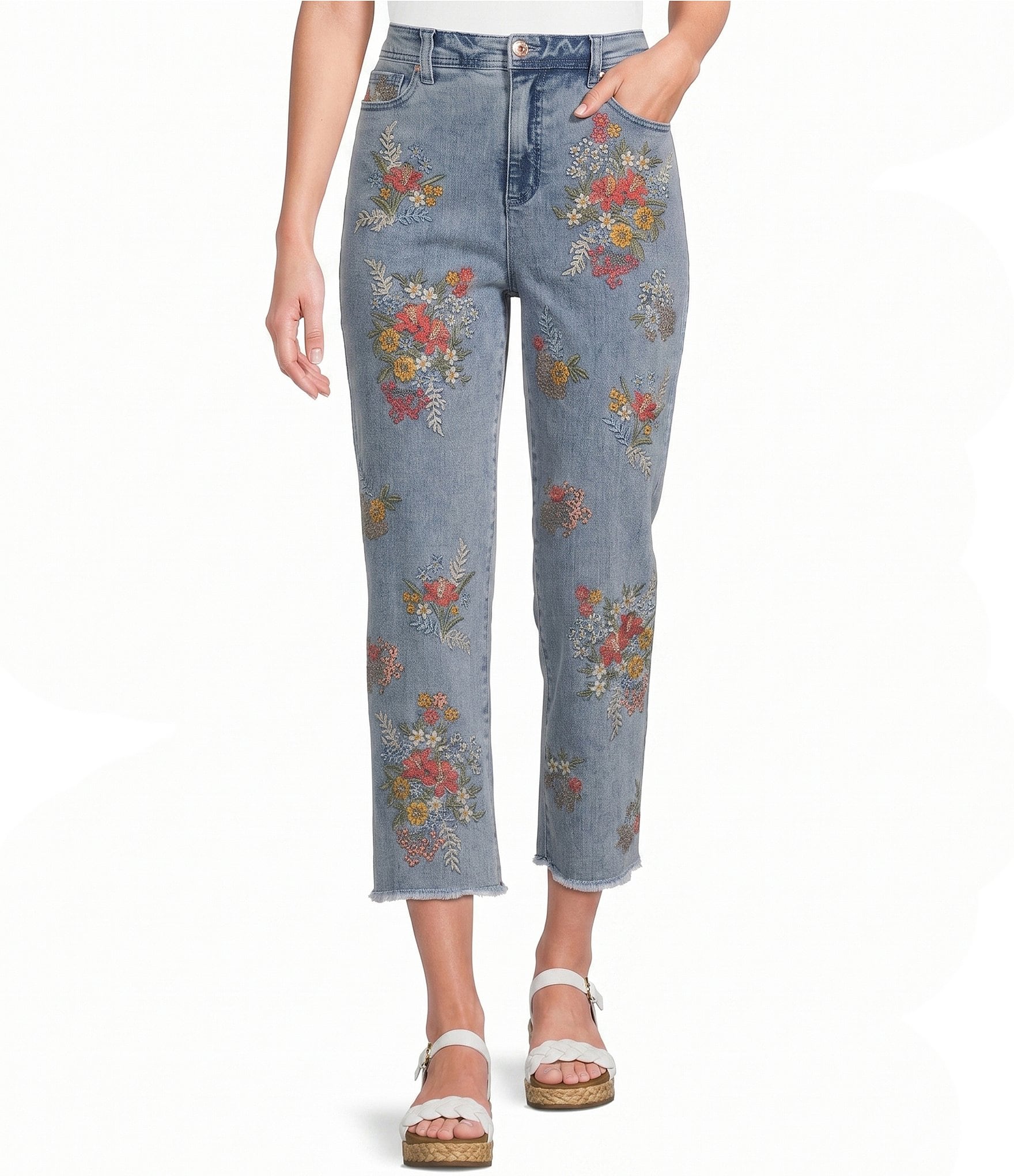 John Mark Embroidered Floral Flare Crop Jeans