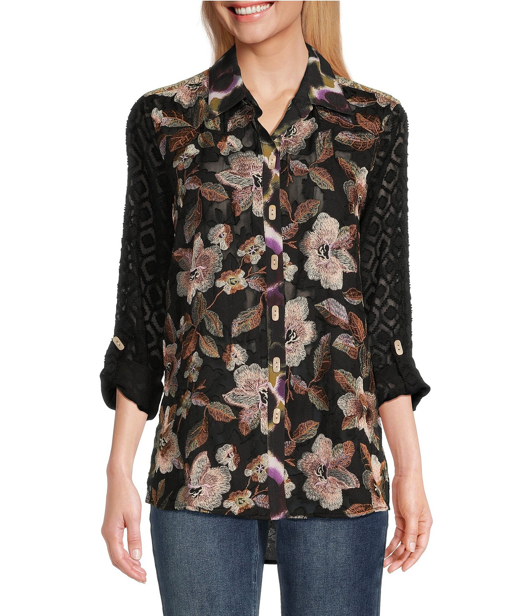 John Mark Embroidered Floral Jacquard Point Collar Roll-Tab Sleeve ...