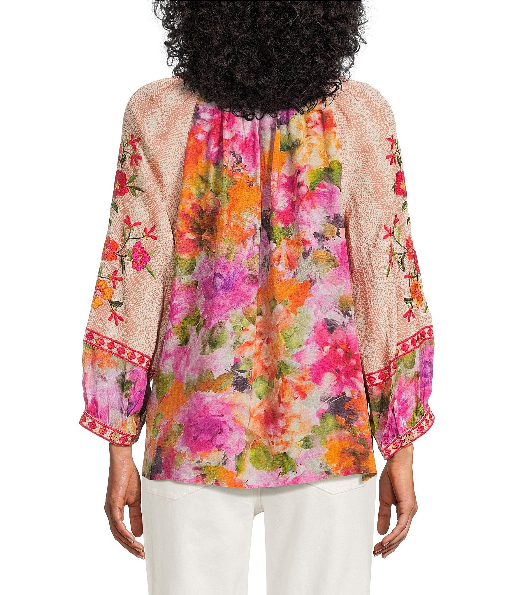 John Mark Embroidered Floral Split V-Neck 3/4 Cuff Sleeve Hi-Low Hem Button Front Top
