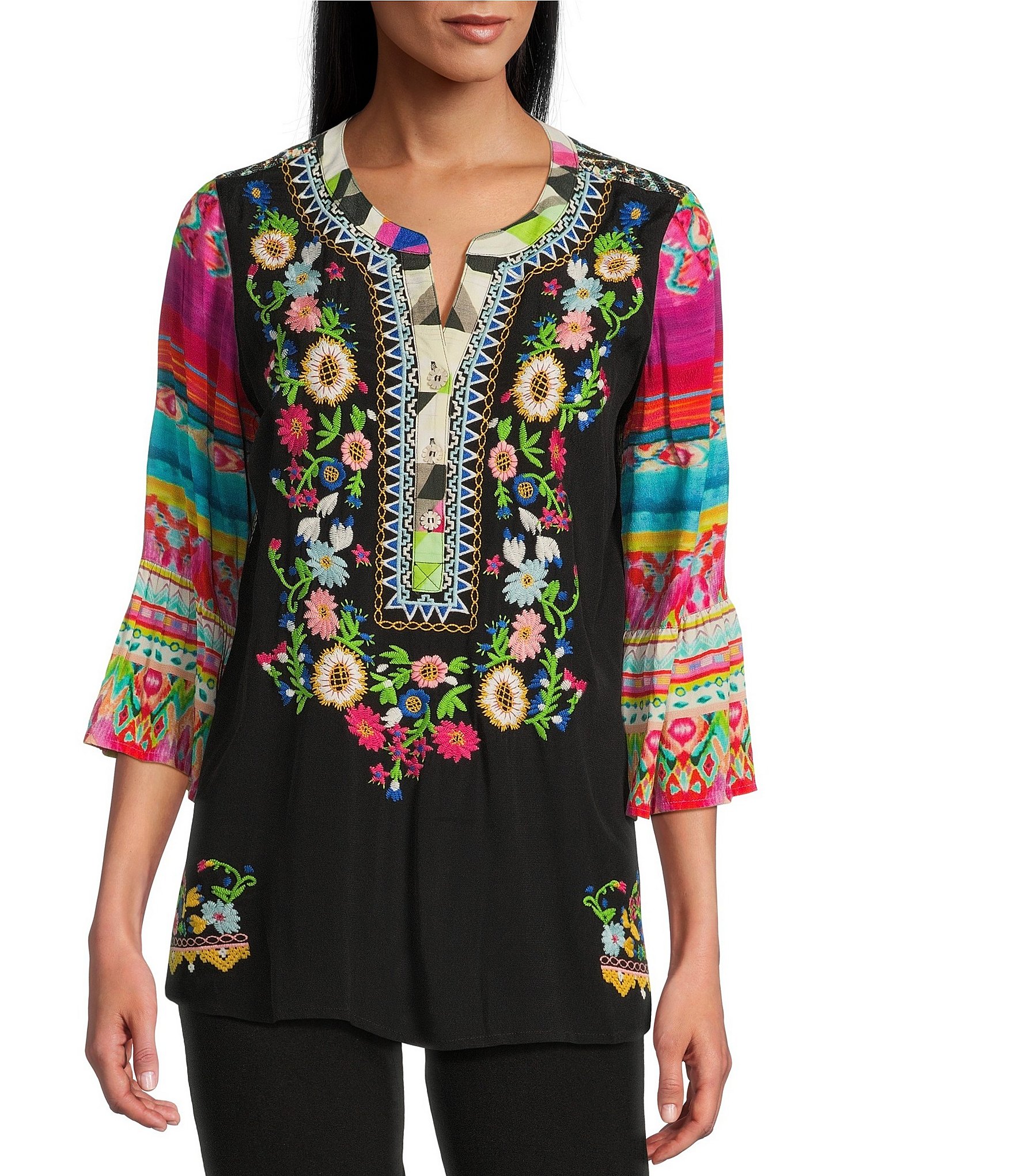 John Mark Embroidered Floral Y-Neck 3/4 Sleeve Tunic | Dillard's
