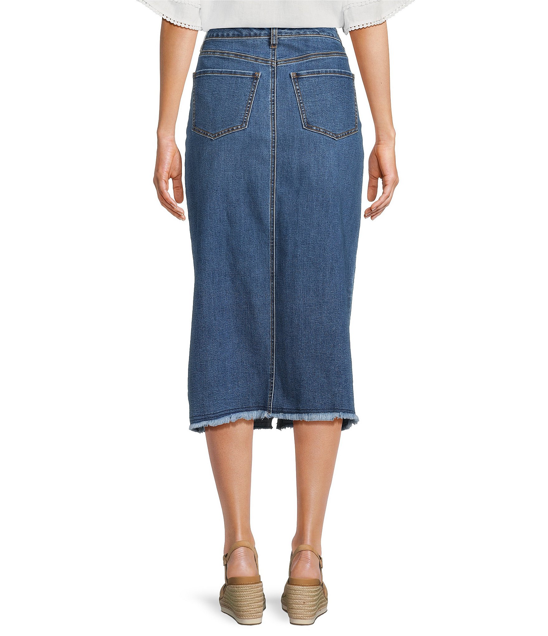John Mark Embroidered Front Slit Midi Denim Skirt