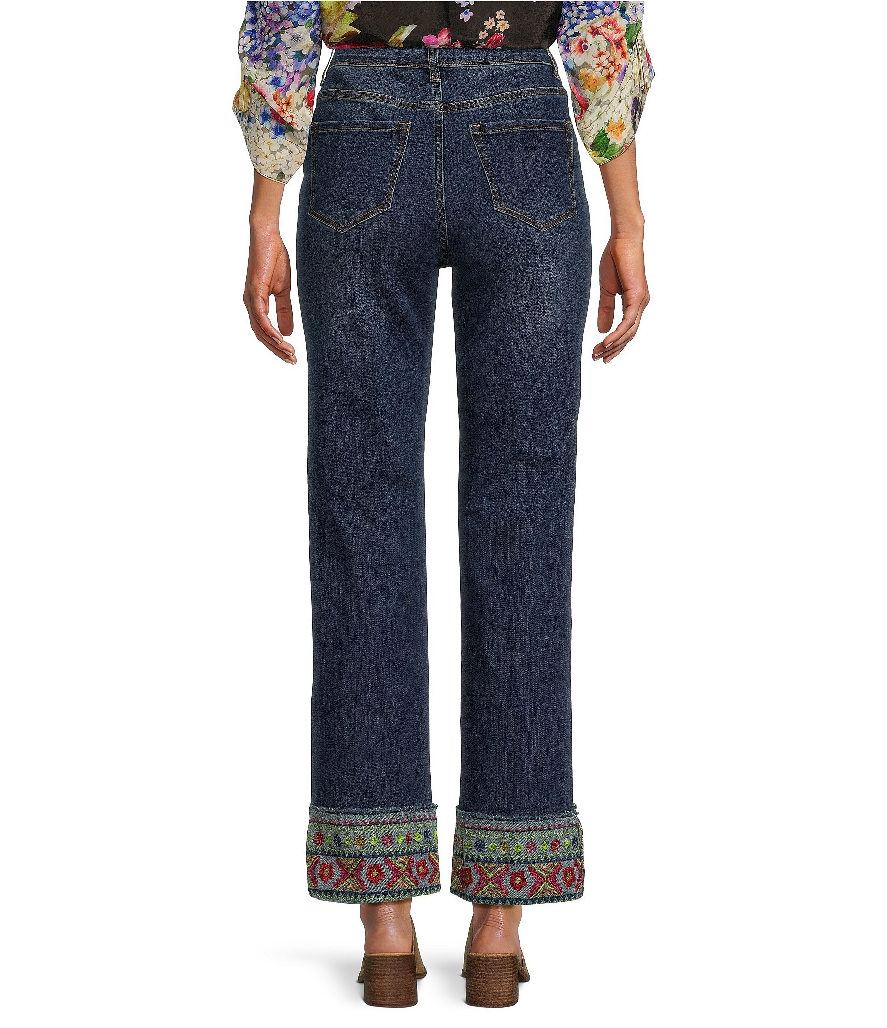 John Mark Embroidered Hem Straight Leg Cuffed Jeans