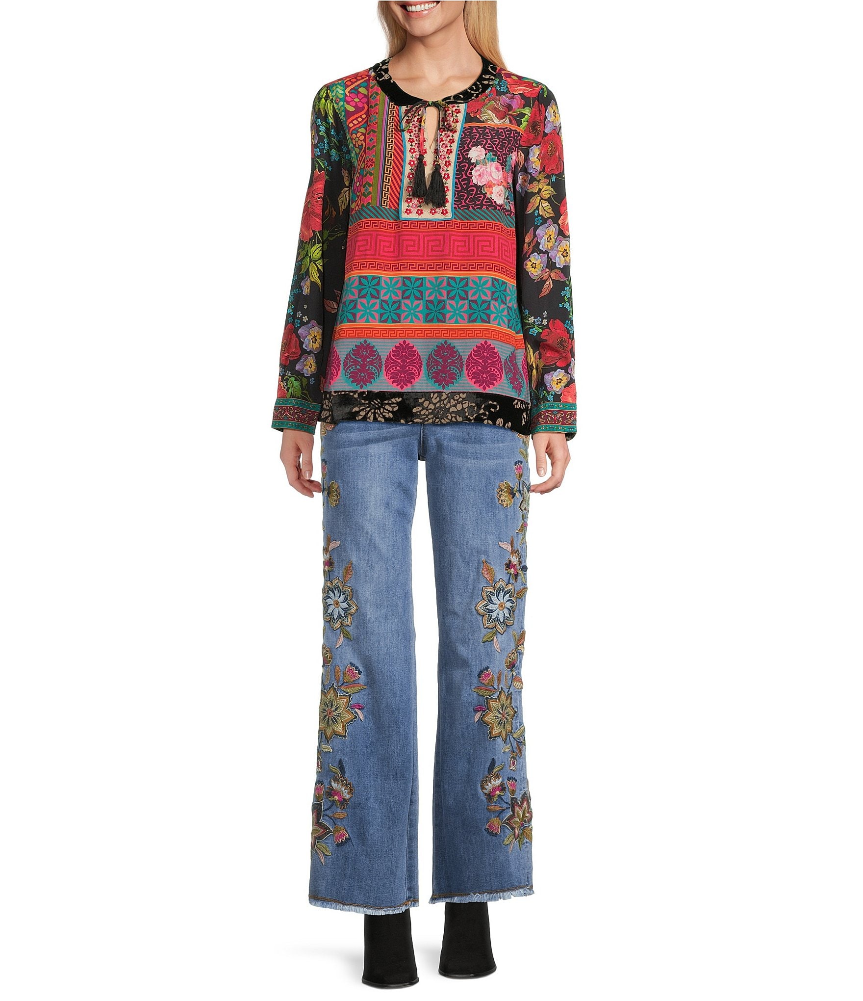 John Mark Embroidered Mixed Print Split V-Neck Long Roll-Tab Sleeve Tassel Tie Tunic