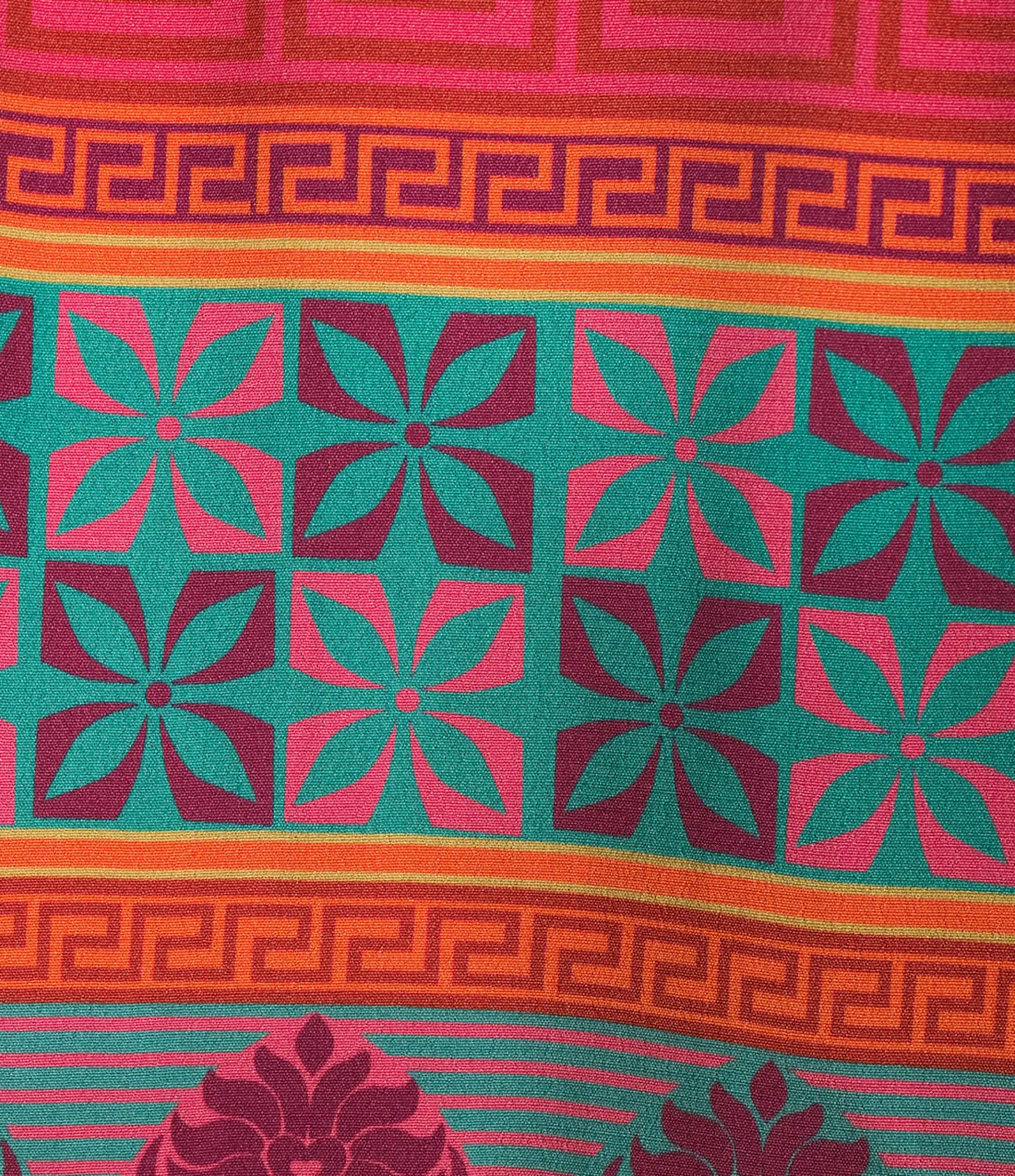 John Mark Embroidered Mixed Print Split V-Neck Long Roll-Tab Sleeve Tassel Tie Tunic