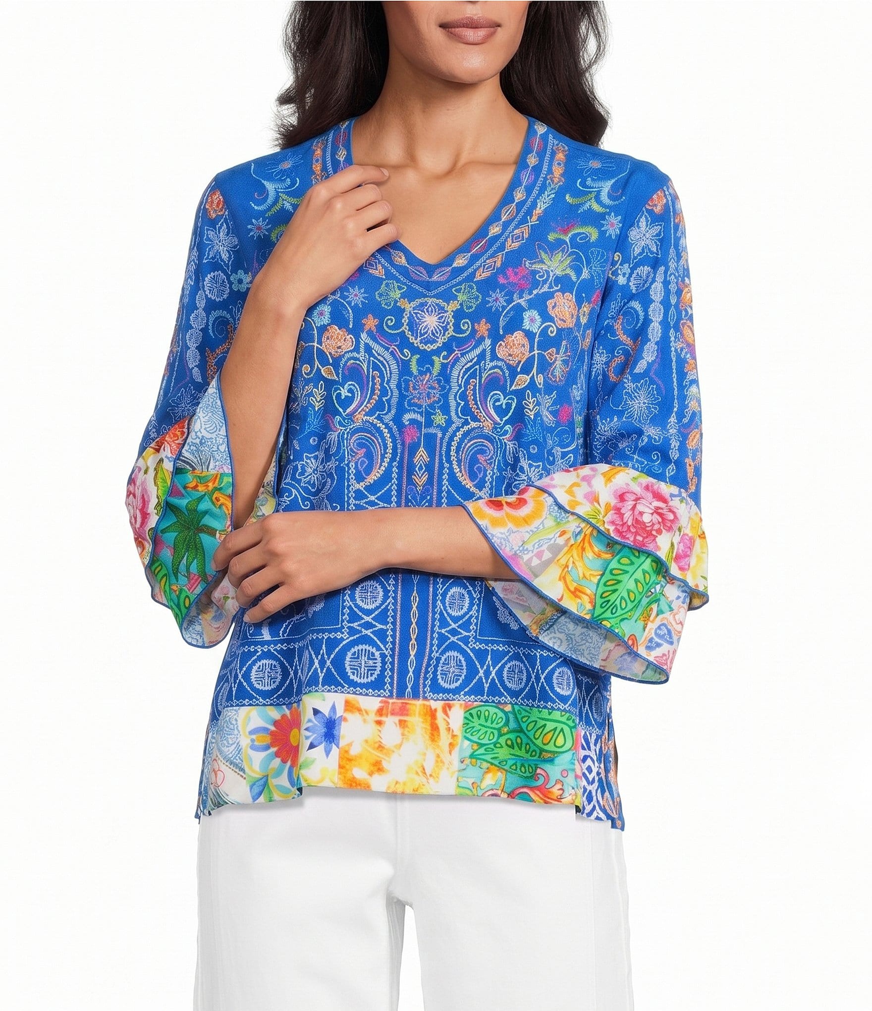 John Mark Embroidered Multi Floral V-Neck 3/4 Ruffle Tiered Sleeve Tunic