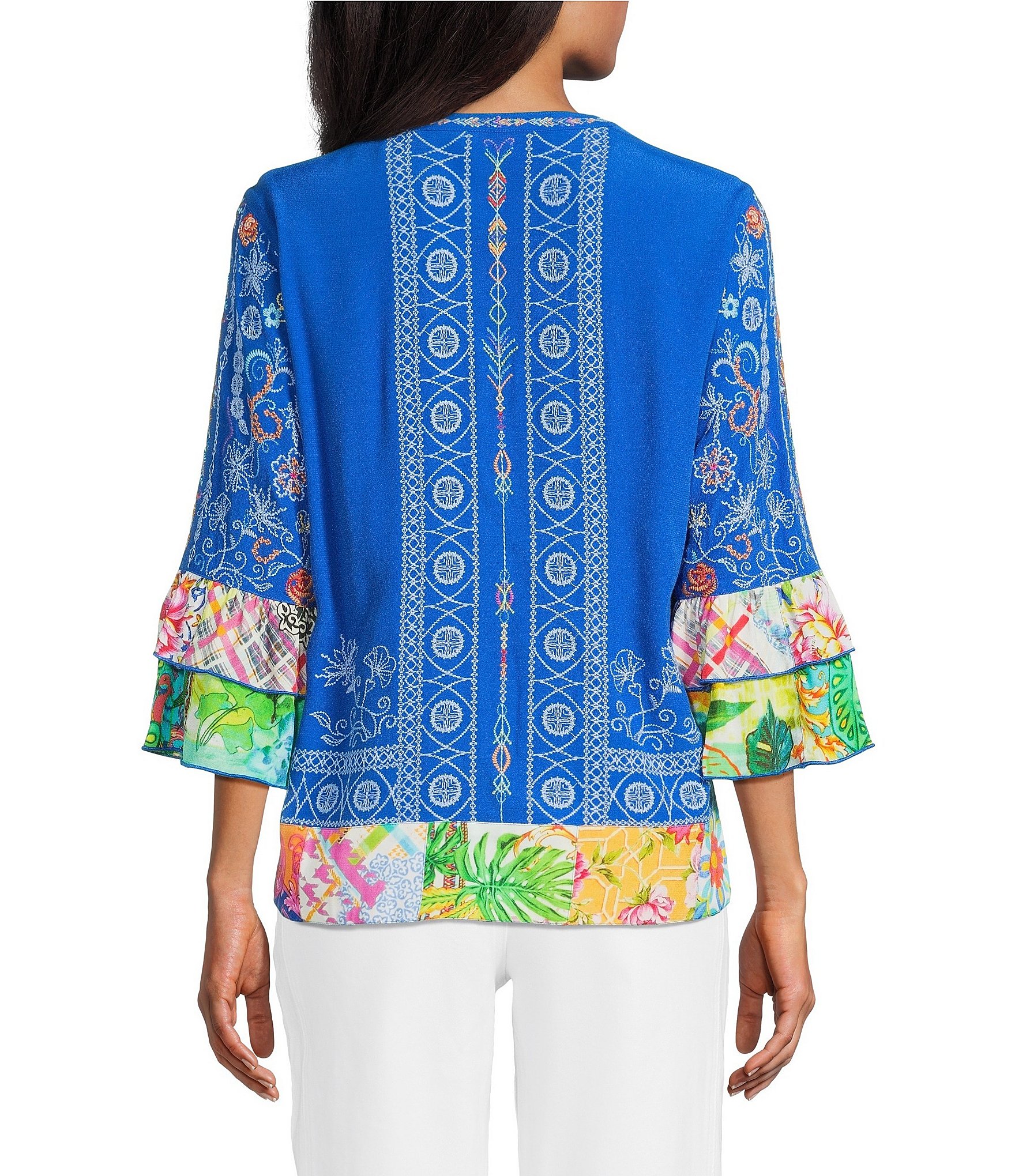 John Mark Embroidered Multi Floral V-Neck 3/4 Ruffle Tiered Sleeve Tunic