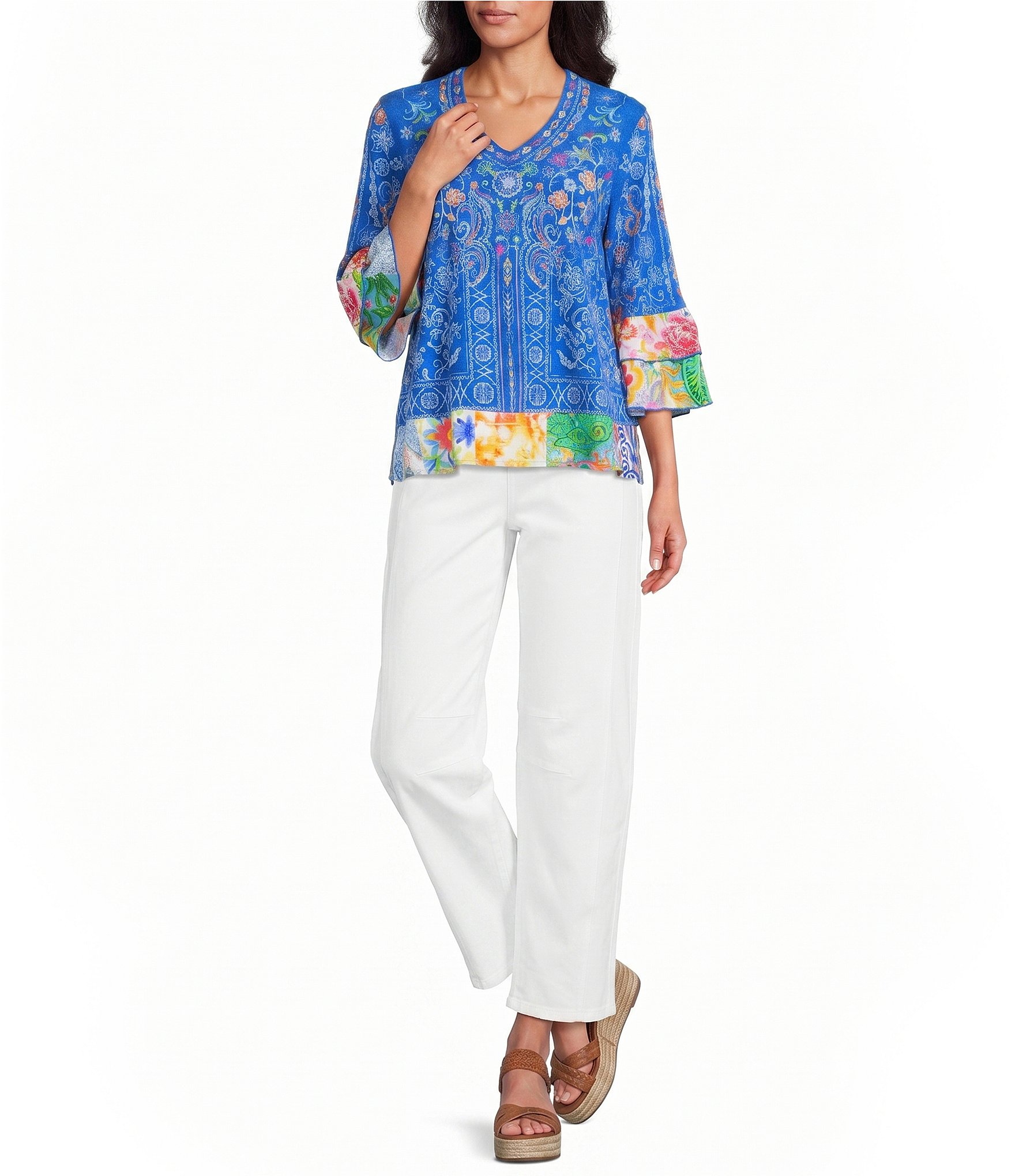 John Mark Embroidered Multi Floral V-Neck 3/4 Ruffle Tiered Sleeve Tunic
