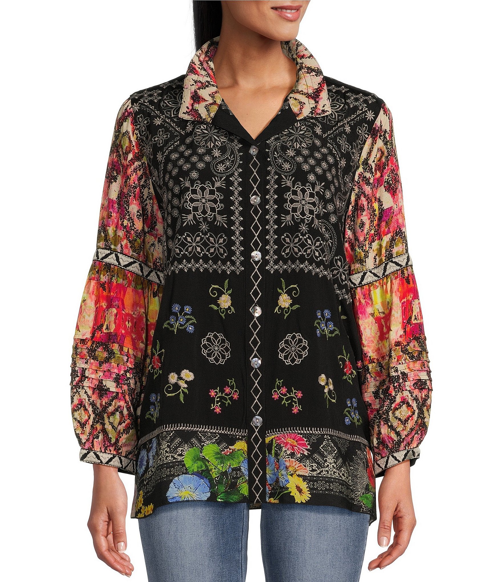 John Mark Embroidered Multi Print Wire Collar 3/4 Pintuck Detail Sleeve ...
