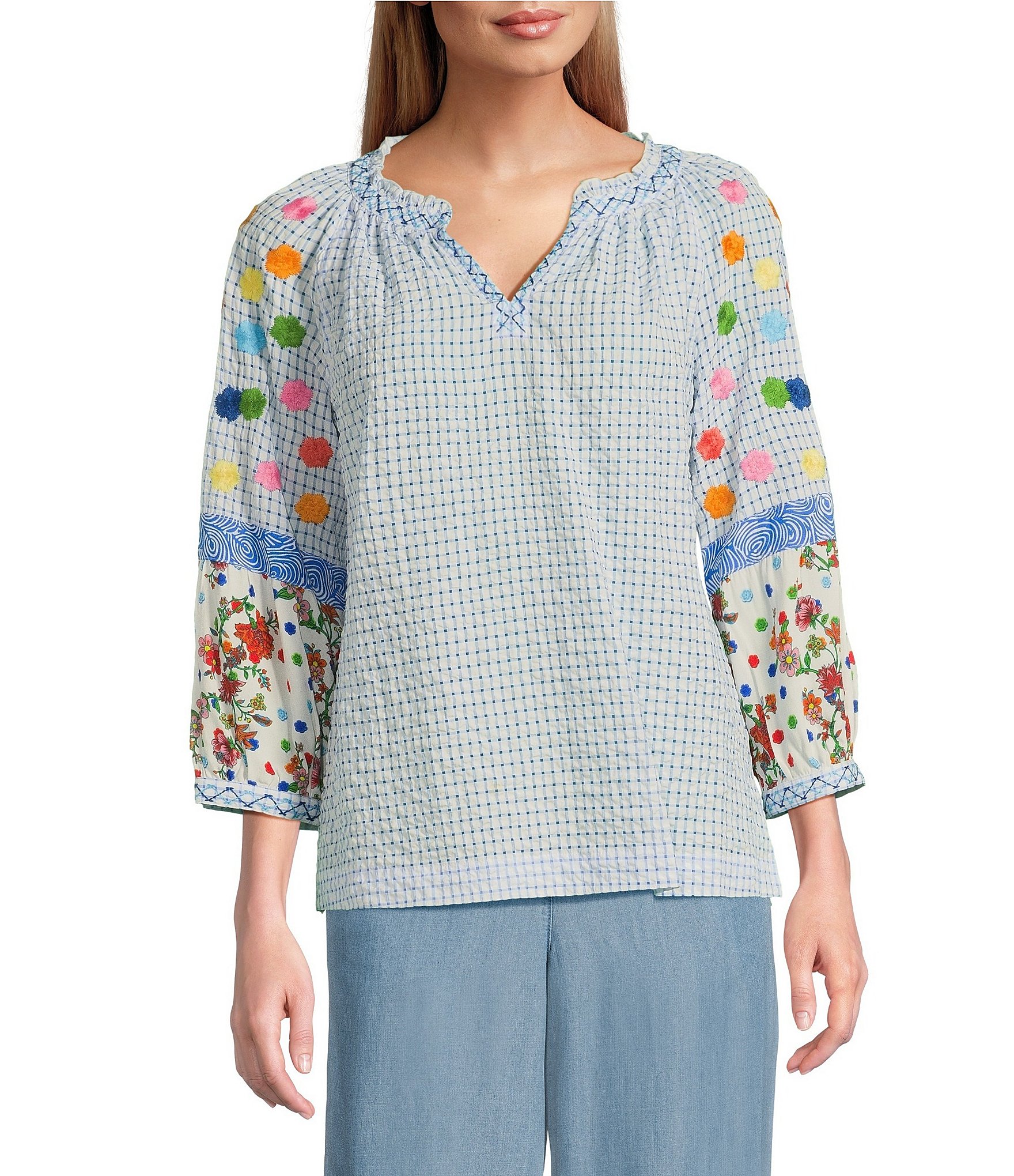 John Mark Embroidered Plaid Split V-Neck 3/4 Raglan Sleeve